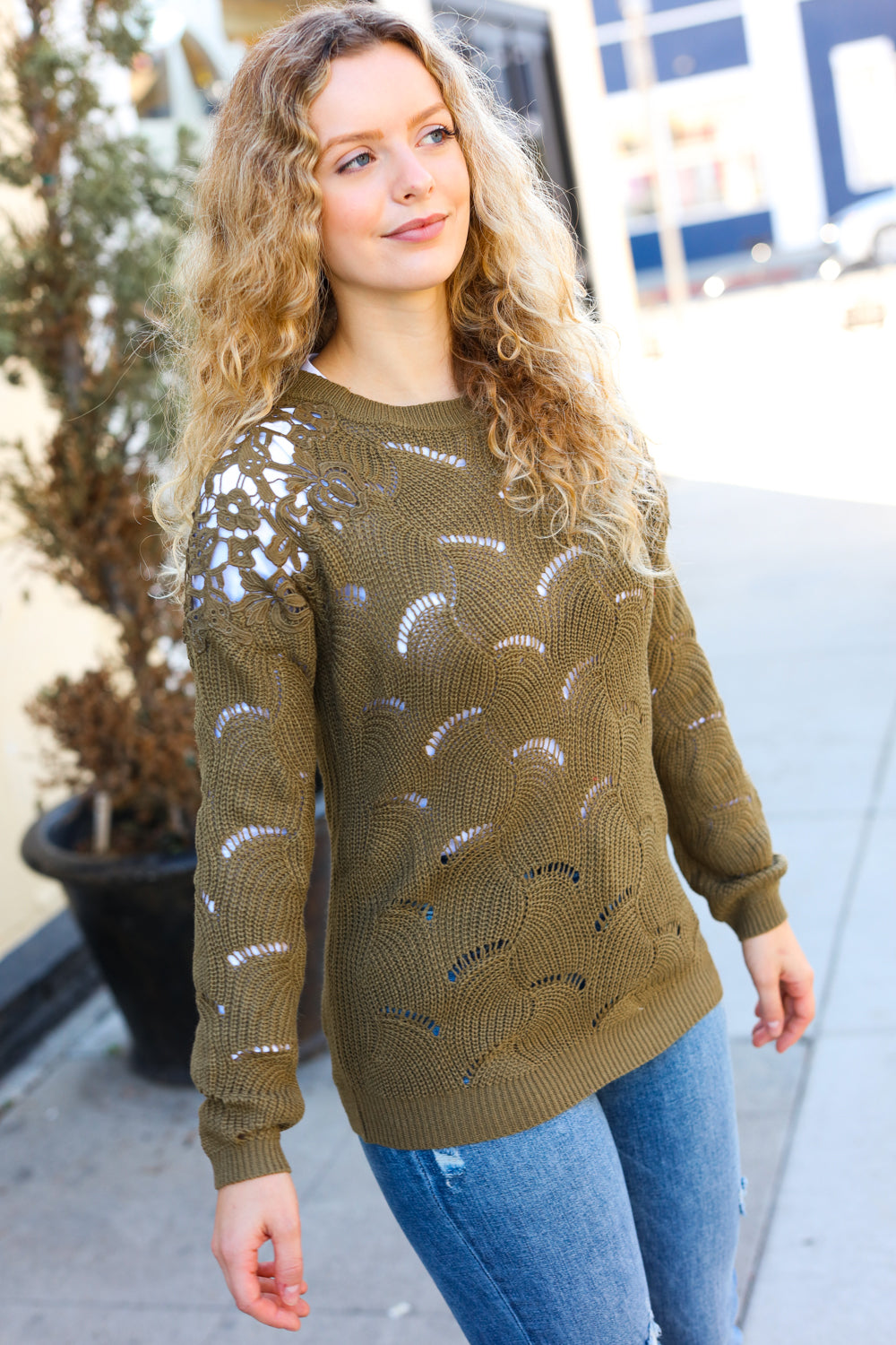 BiBi Olive Pointelle Lace Shoulder Knit Sweater