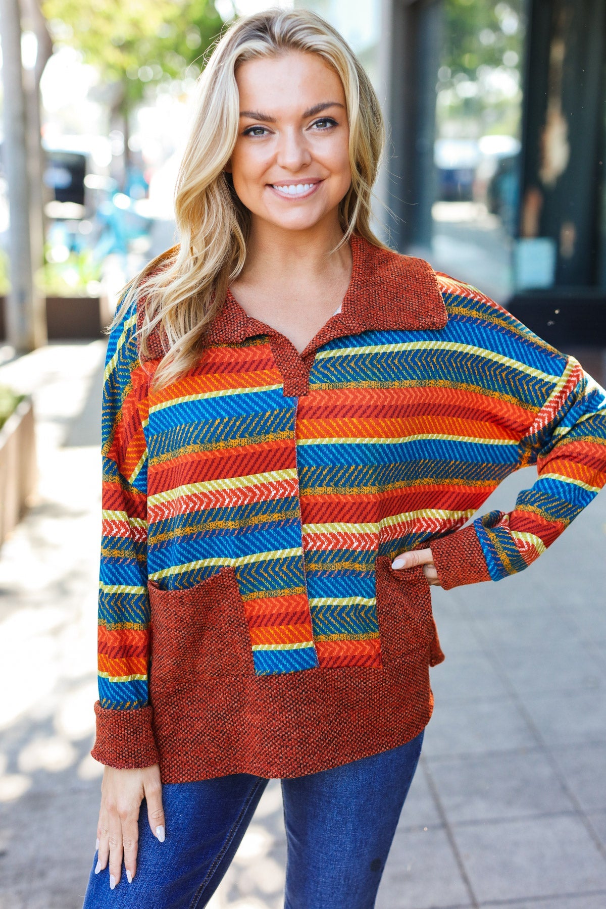 Haptics Rust & Teal Striped Two Tone Knit Pocketed Top