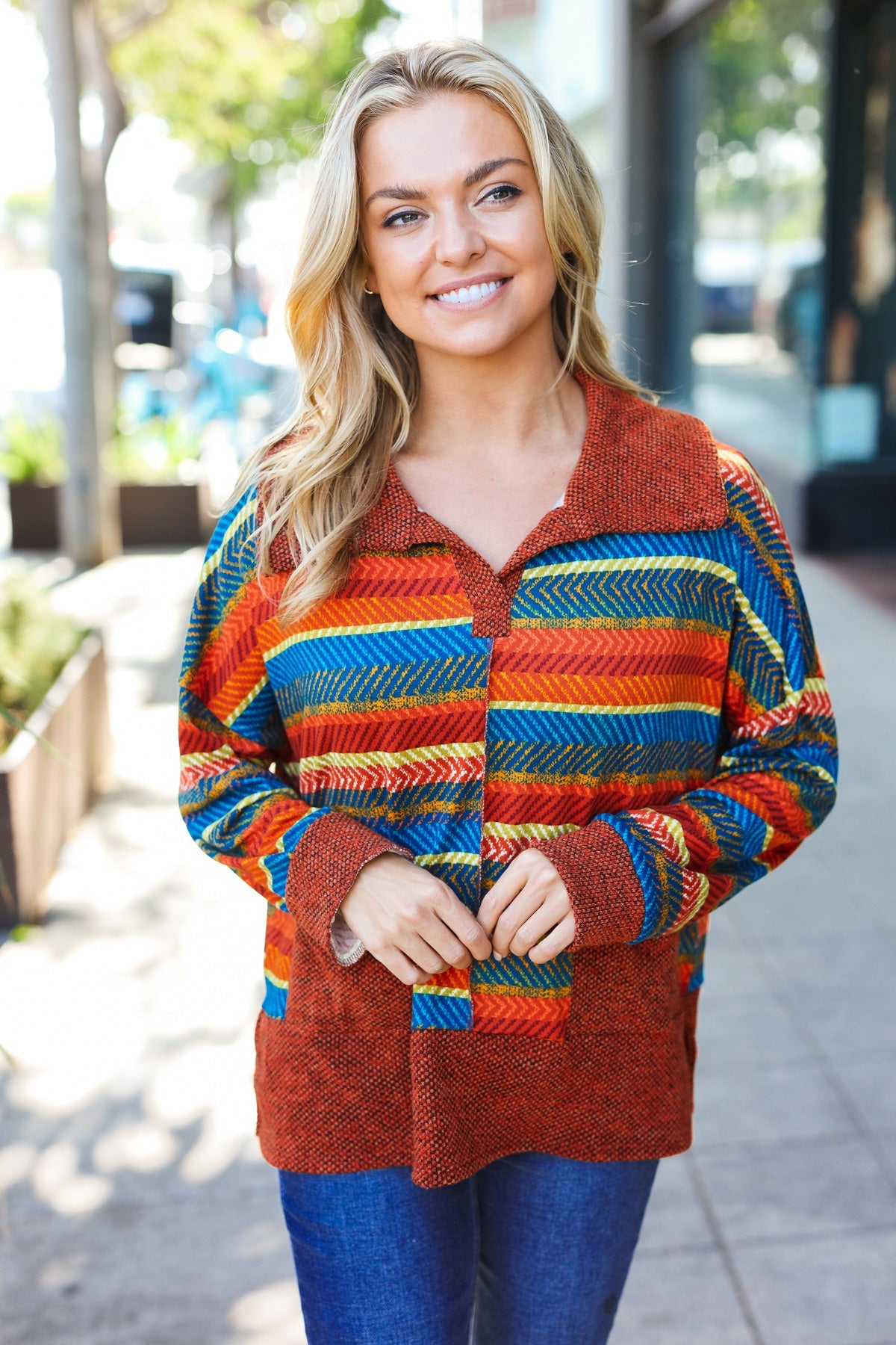 Haptics Rust & Teal Striped Two Tone Knit Pocketed Top