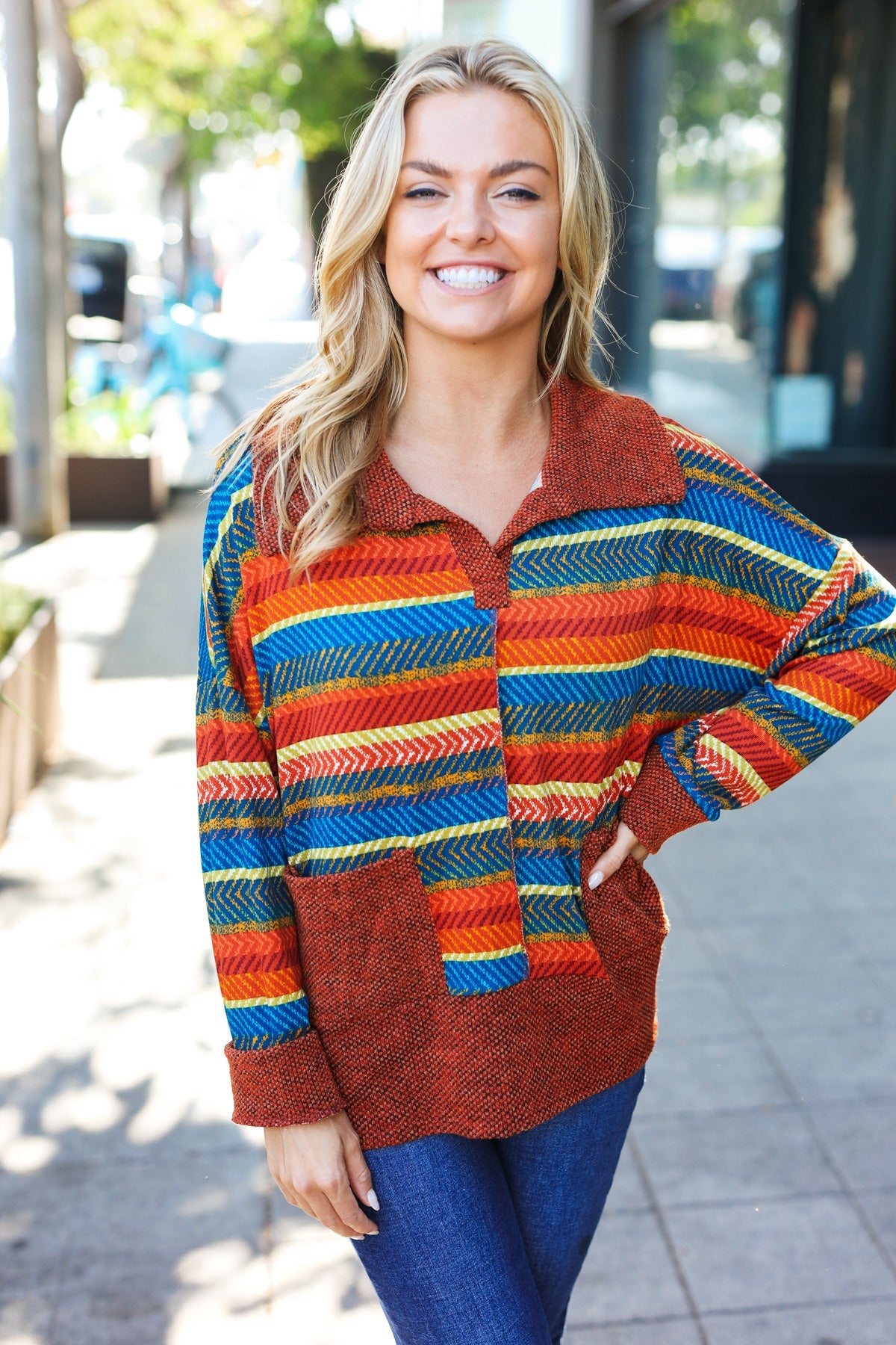 Haptics Rust & Teal Striped Two Tone Knit Pocketed Top