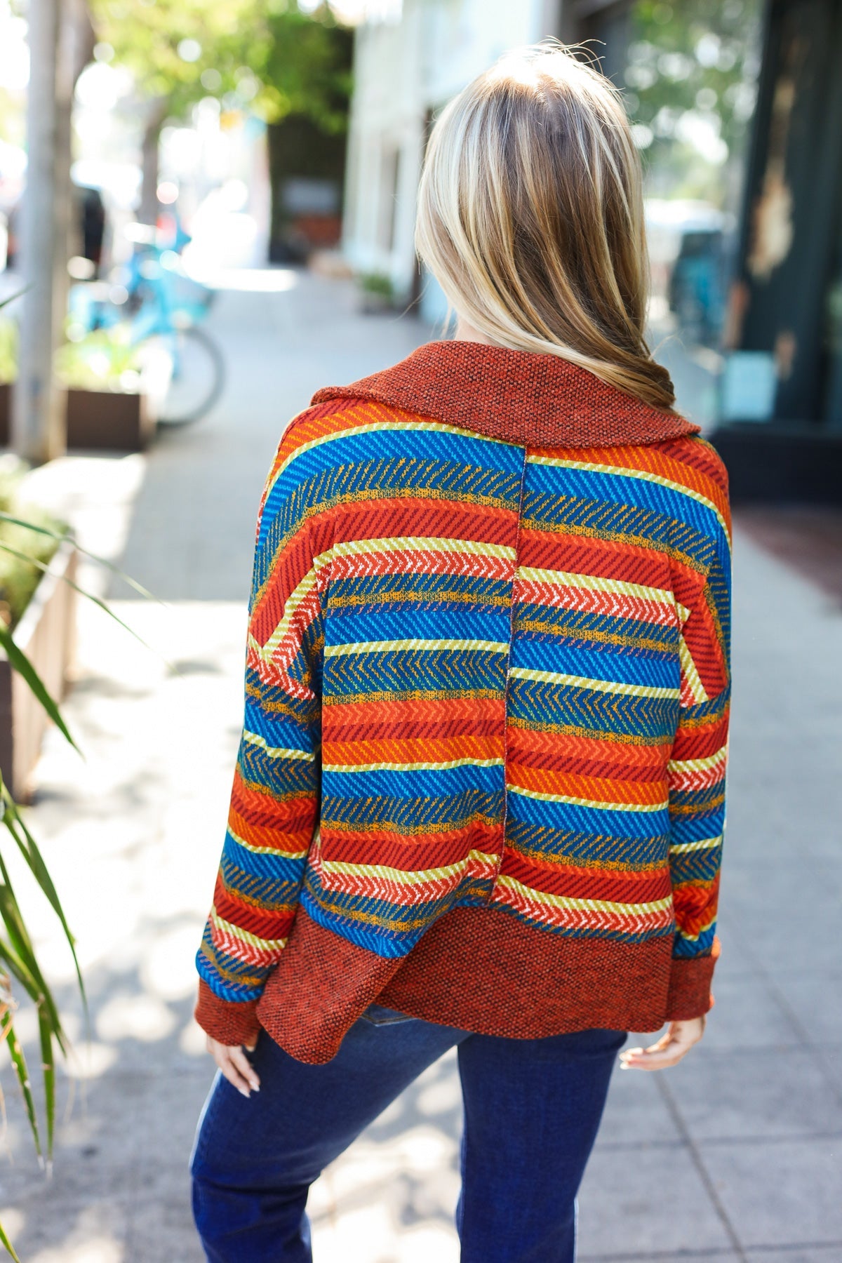 Haptics Rust & Teal Striped Two Tone Knit Pocketed Top