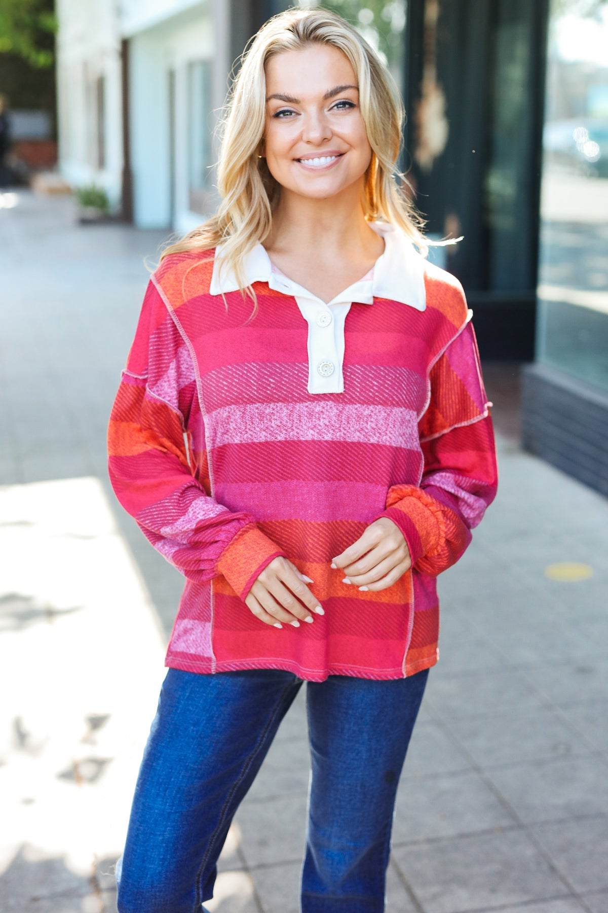 Haptics Magenta Striped Button Down Placket Collared Top