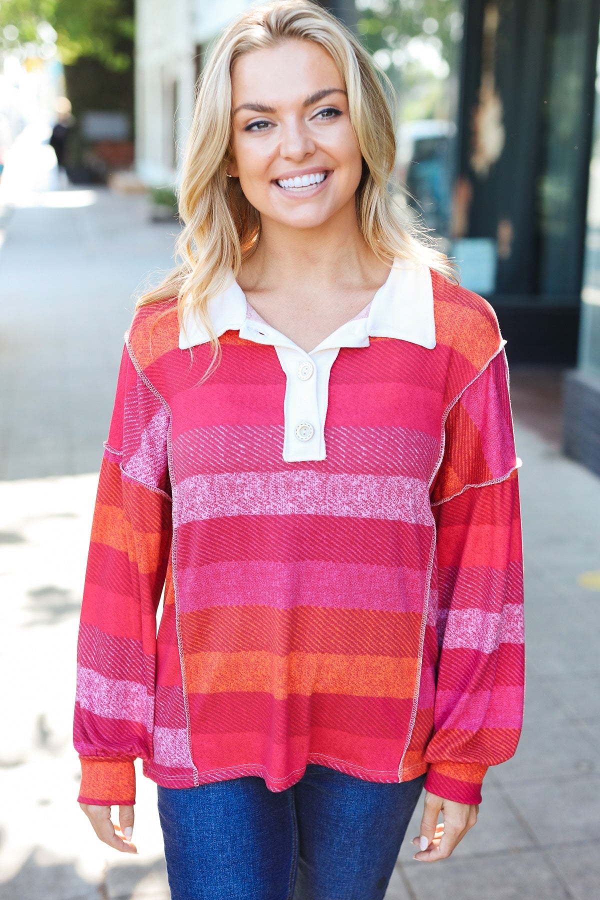 Haptics Magenta Striped Button Down Placket Collared Top