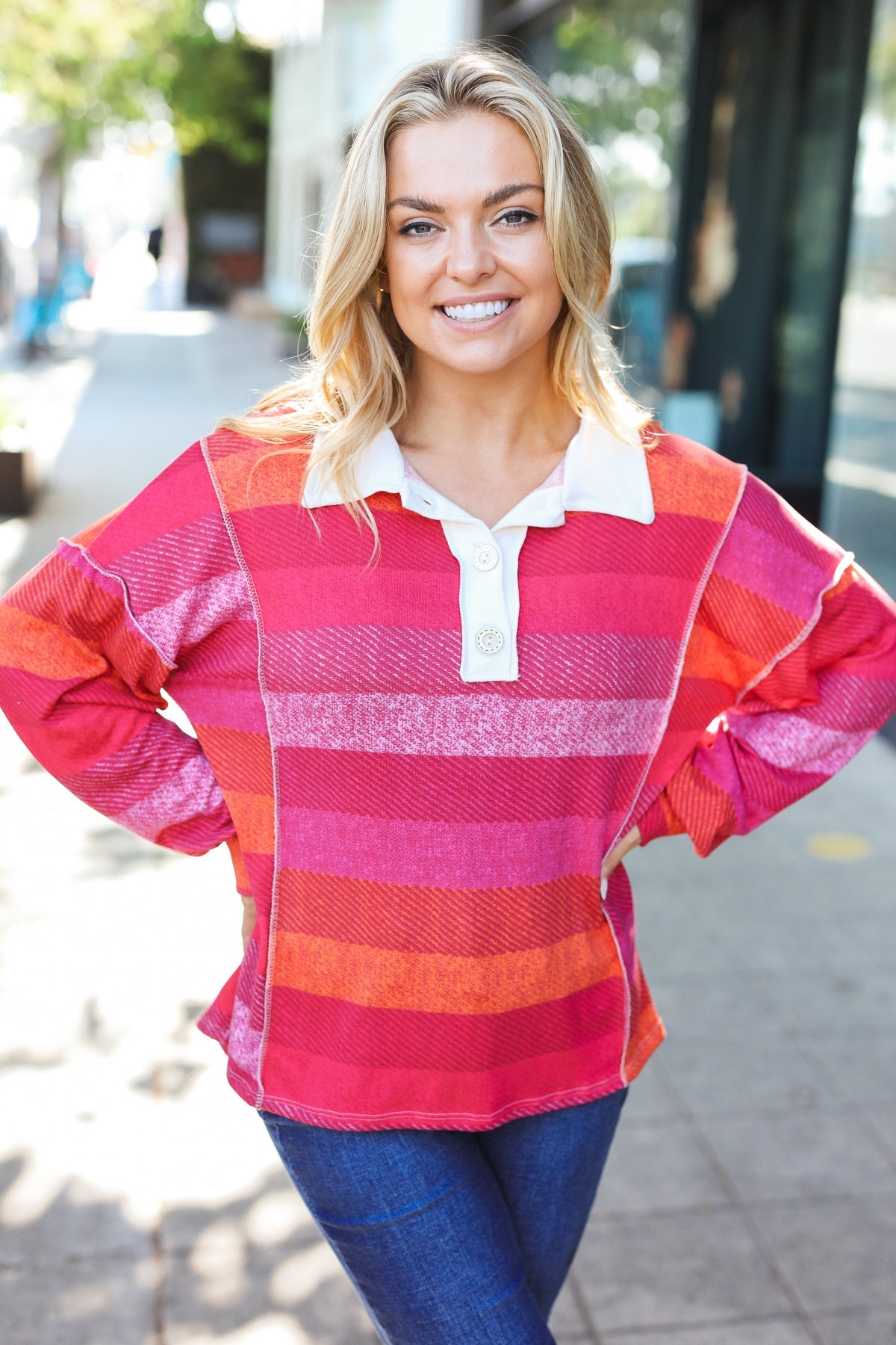 Haptics Magenta Striped Button Down Placket Collared Top