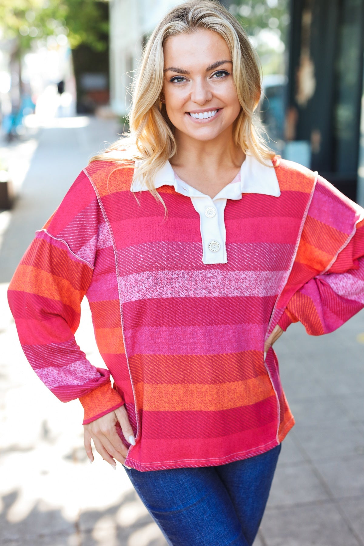 Haptics Magenta Striped Button Down Placket Collared Top