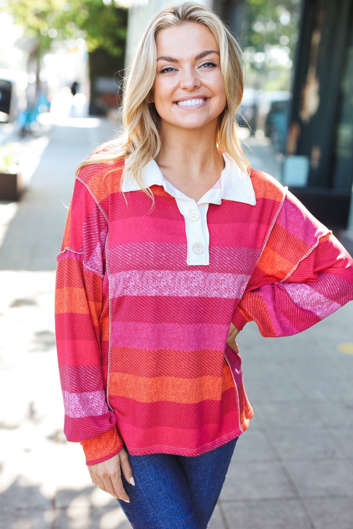 Haptics Magenta Striped Button Down Placket Collared Top