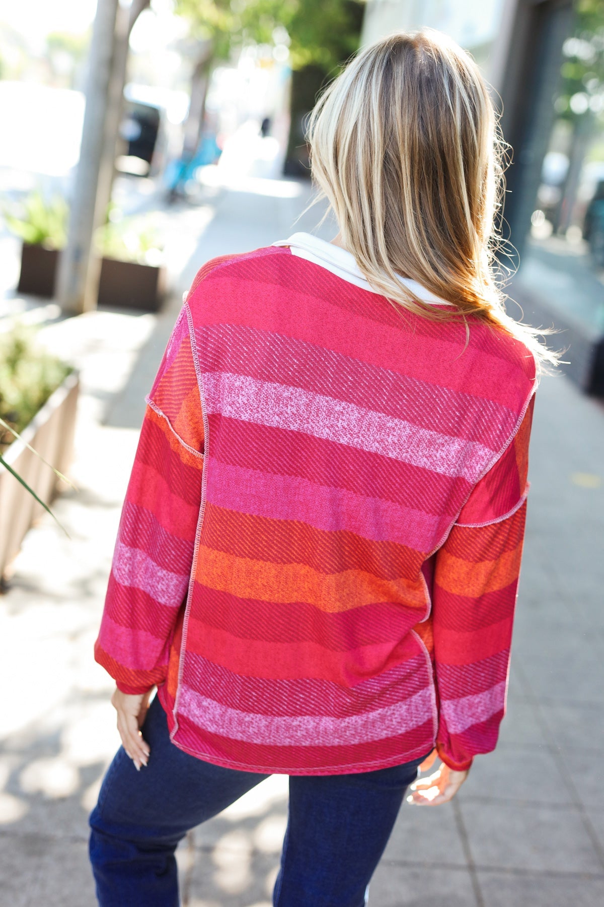 Haptics Magenta Striped Button Down Placket Collared Top