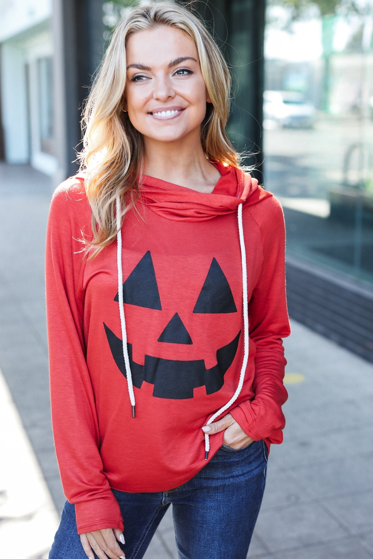 Vanilla Bay Orange Jack-O-Lantern French Terry Thumb Hole Double Hoodie