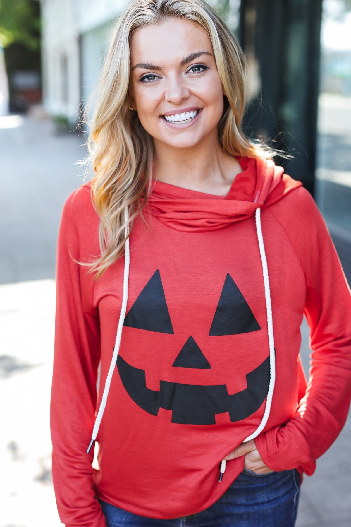 Vanilla Bay Orange Jack-O-Lantern French Terry Thumb Hole Double Hoodie