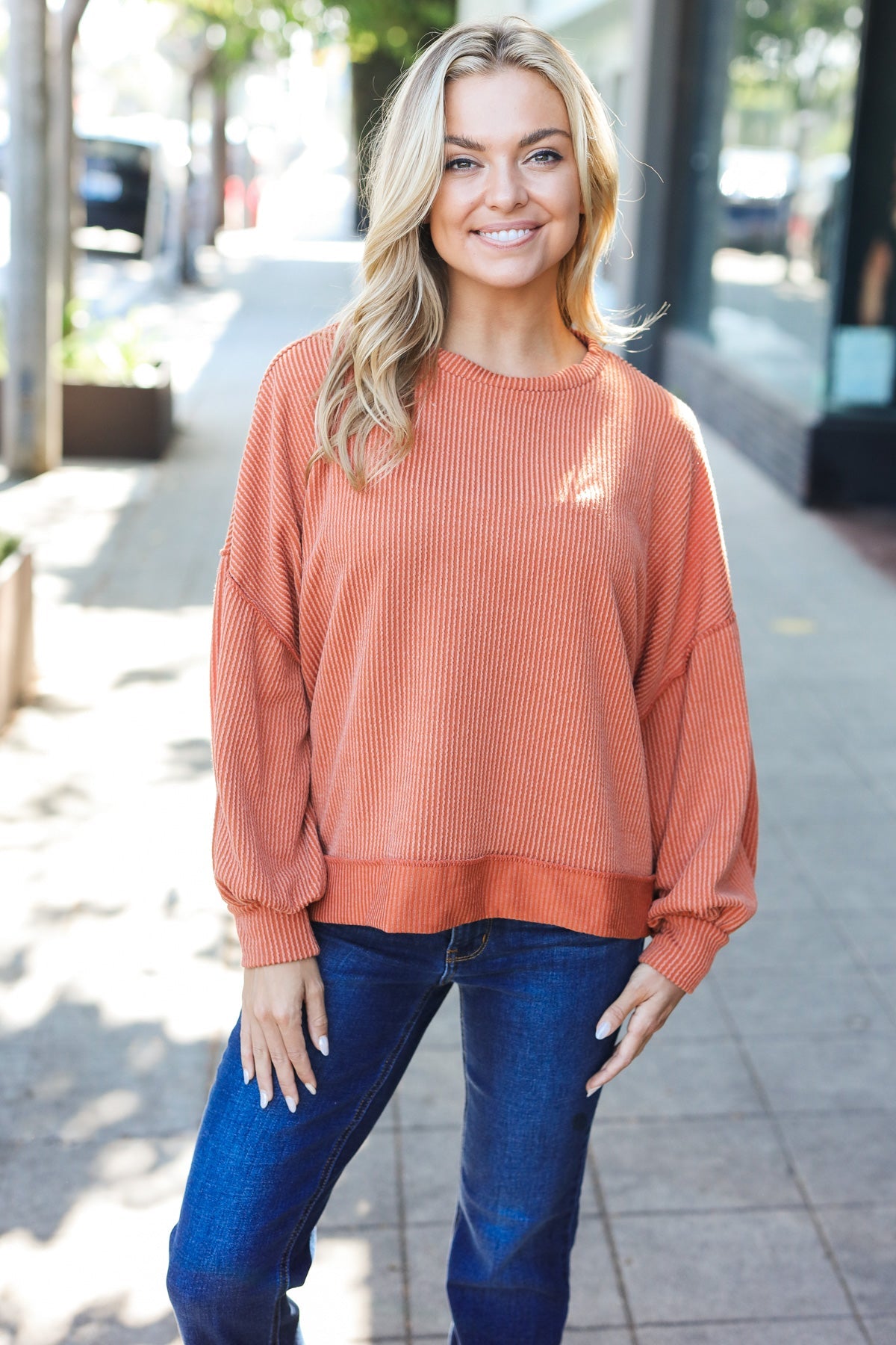 Haptics Rust Mineral Wash Rib Pullover Top