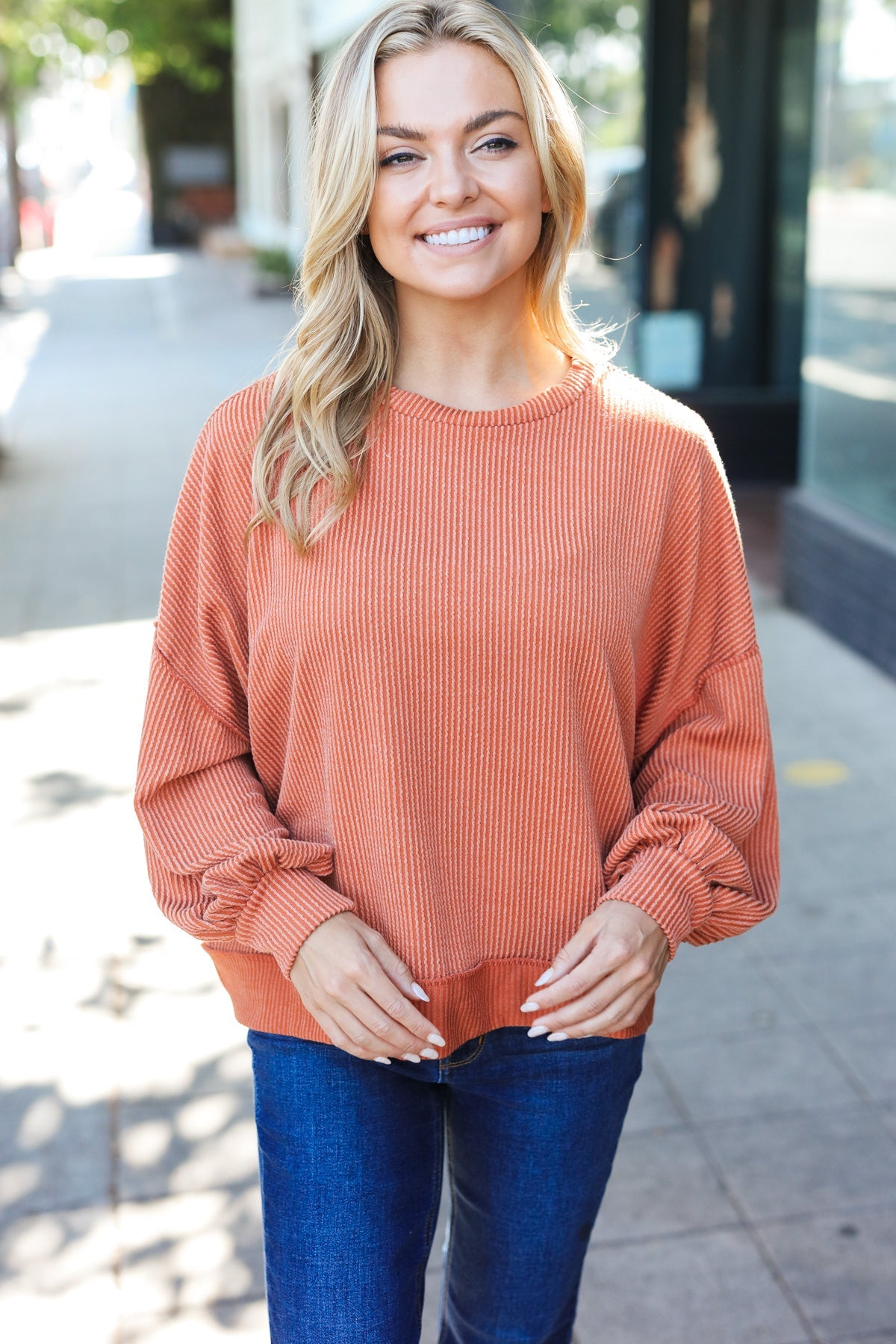 Haptics Rust Mineral Wash Rib Pullover Top