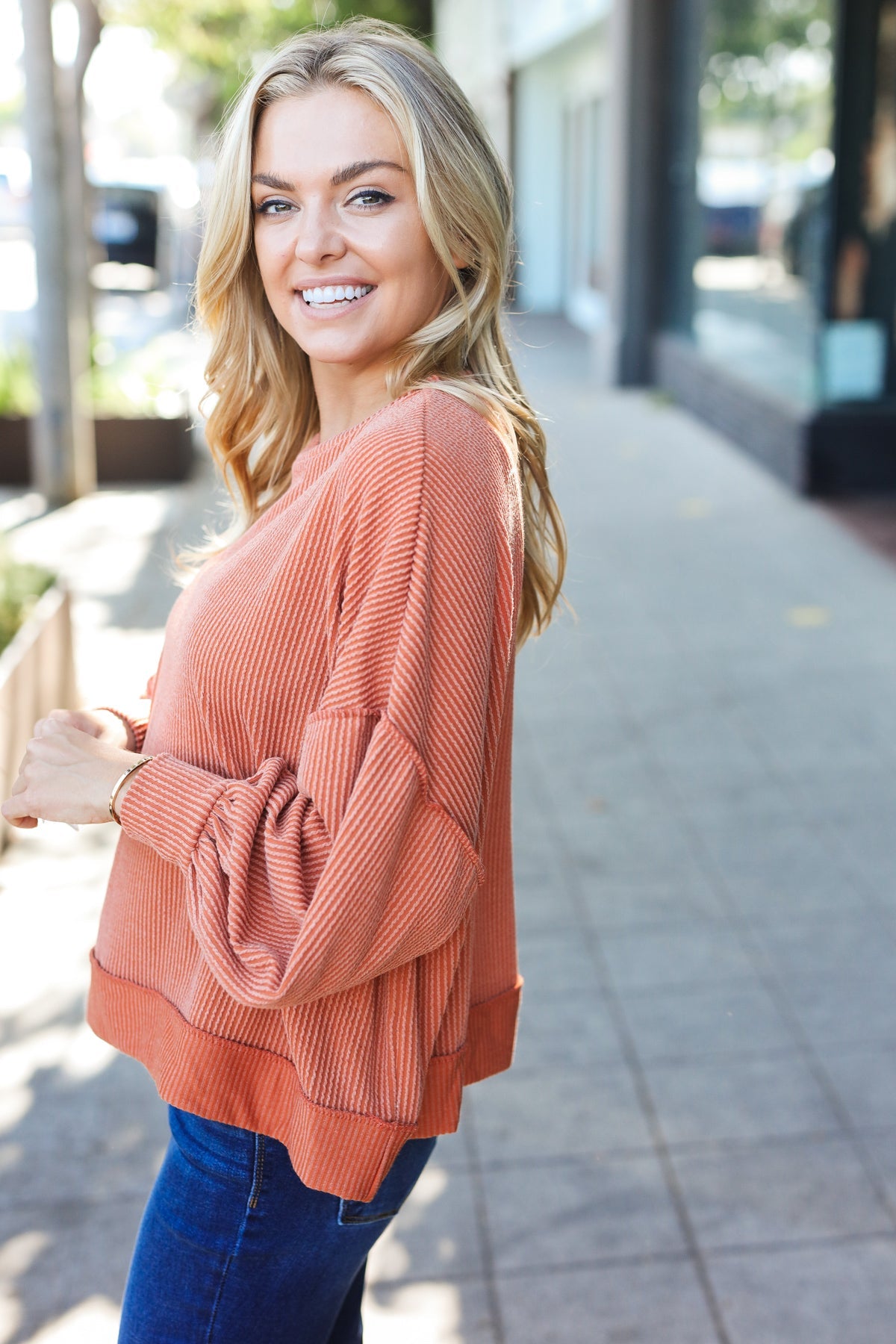 Haptics Rust Mineral Wash Rib Pullover Top