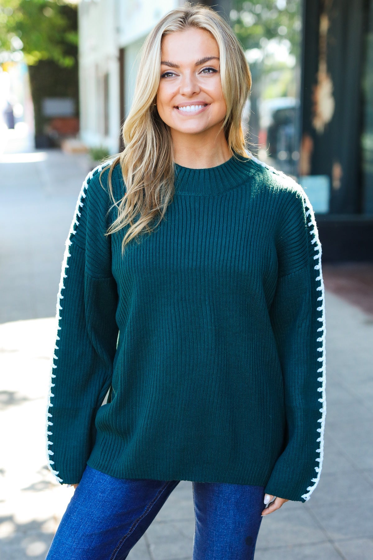 Haptics Hunter Green Rib Knit Stitch Detail Oversized Sweater