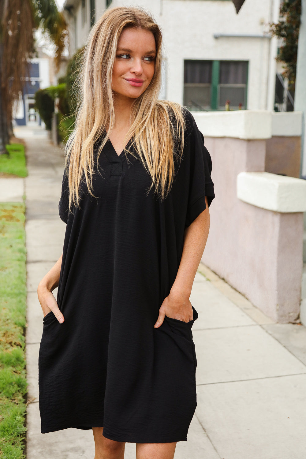 Casual Chic Black Woven Notched V Neck Dolman Sleeve Frock