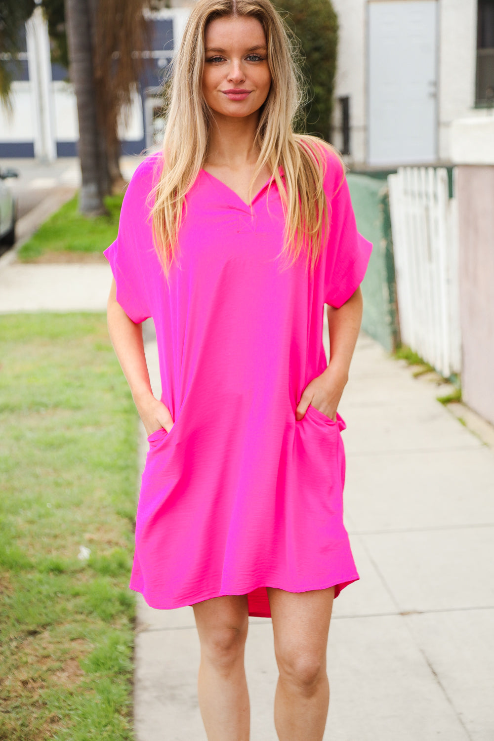 Casual Chic Fuchsia Woven Notched V Neck Dolman Sleeve Frock