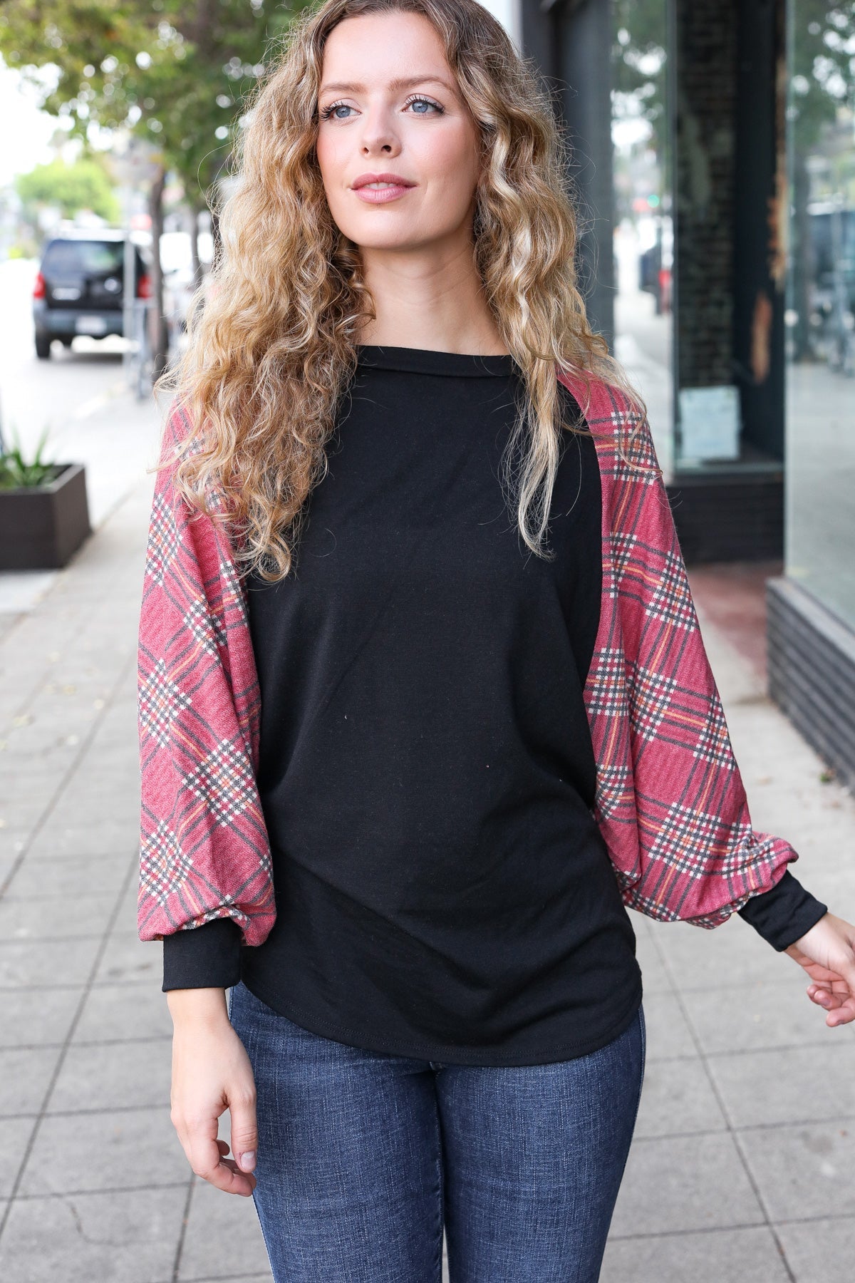 7th Ray Burgundy Plaid Dolman Round Neck Top