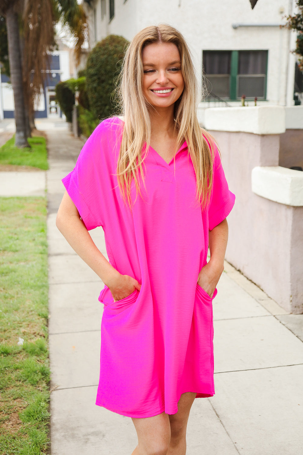 Casual Chic Fuchsia Woven Notched V Neck Dolman Sleeve Frock