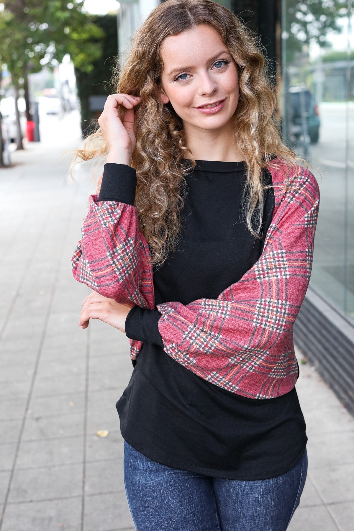 7th Ray Burgundy Plaid Dolman Round Neck Top