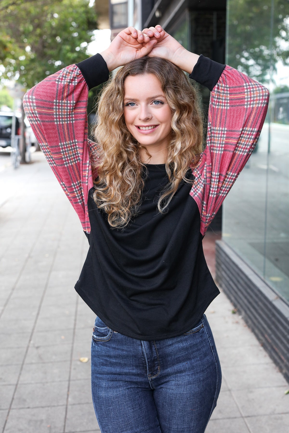 7th Ray Burgundy Plaid Dolman Round Neck Top