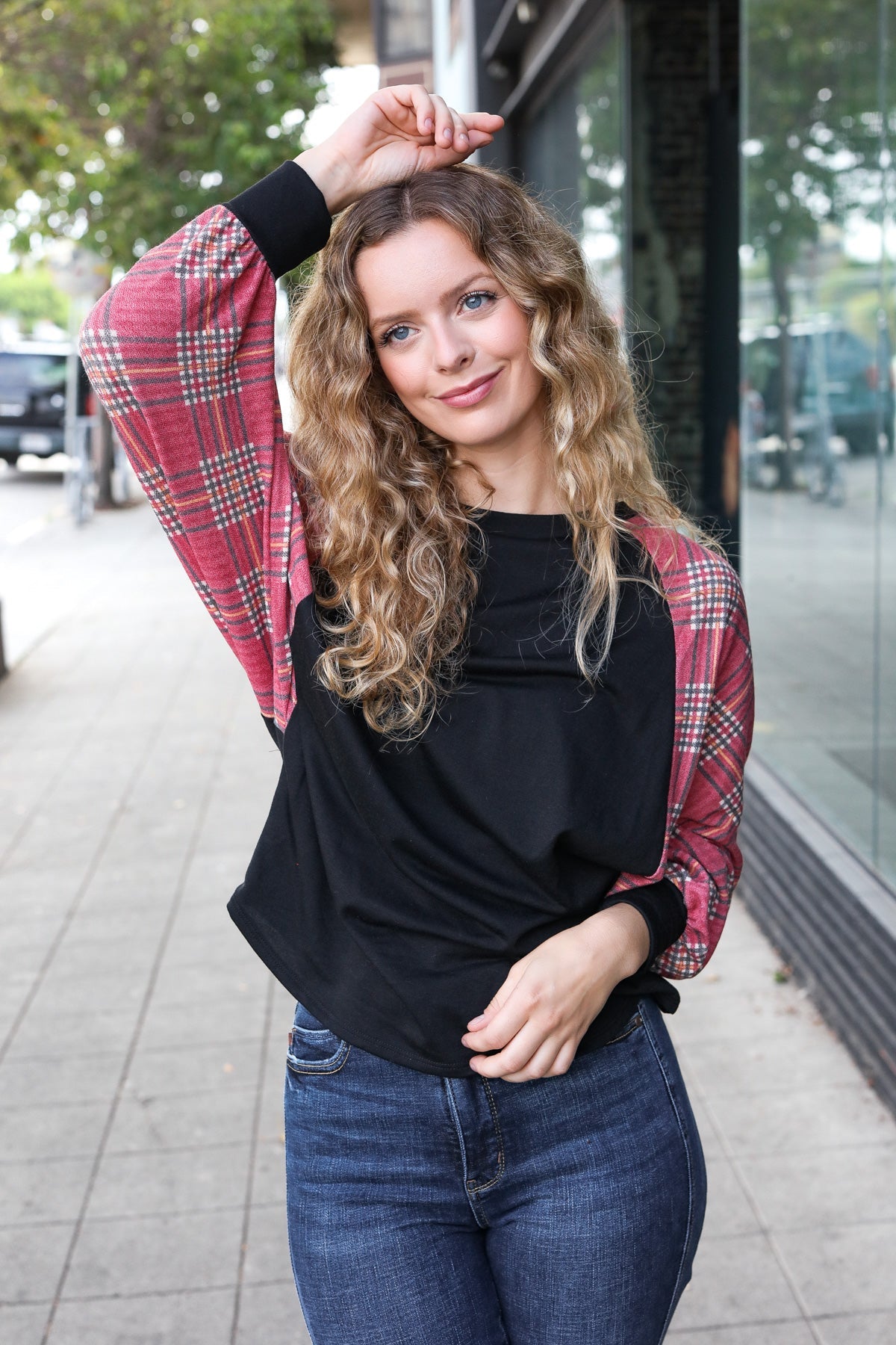 7th Ray Burgundy Plaid Dolman Round Neck Top