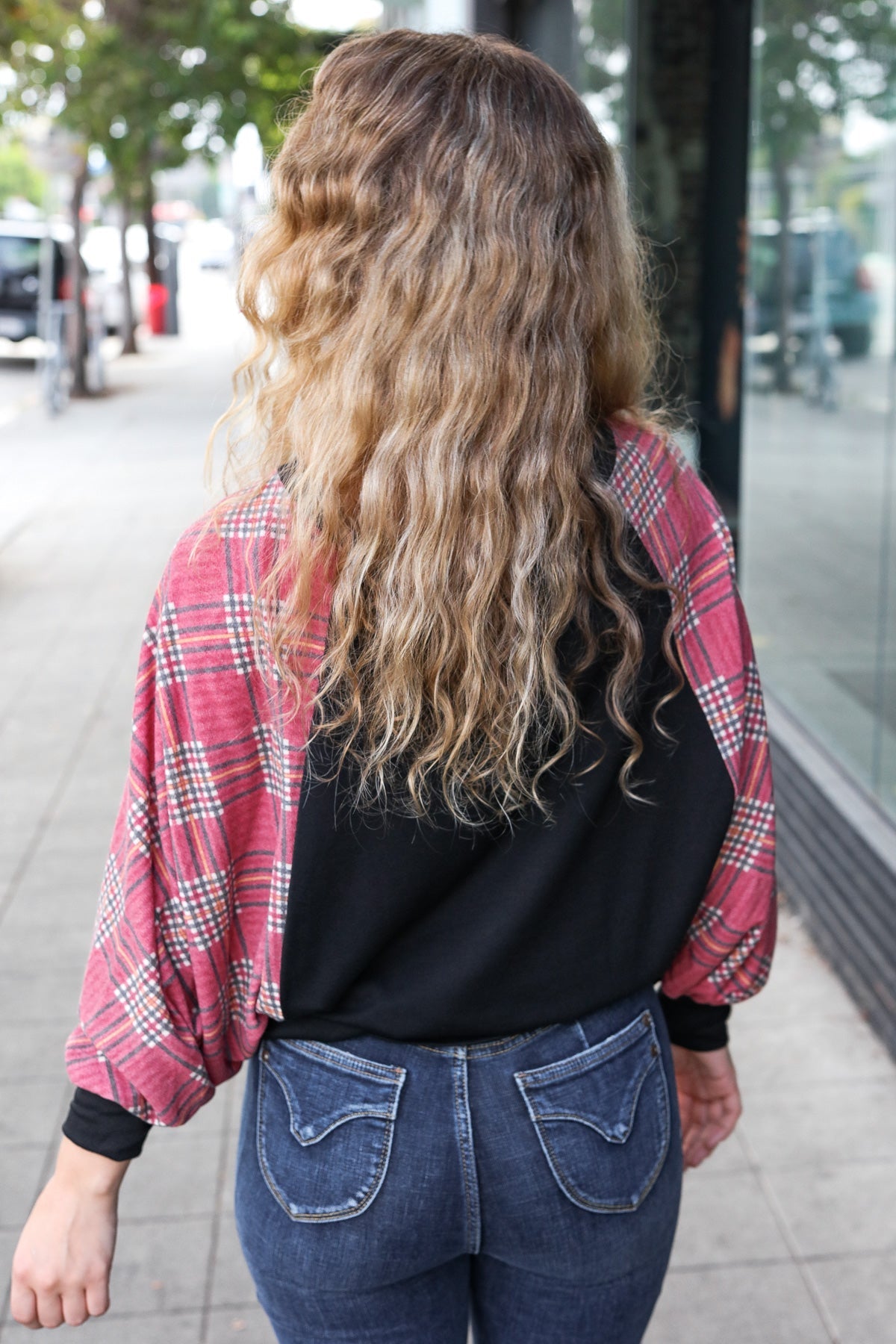 7th Ray Burgundy Plaid Dolman Round Neck Top