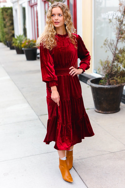 Haptics Burgundy Velvet Mock Neck Smocked Waist Dress