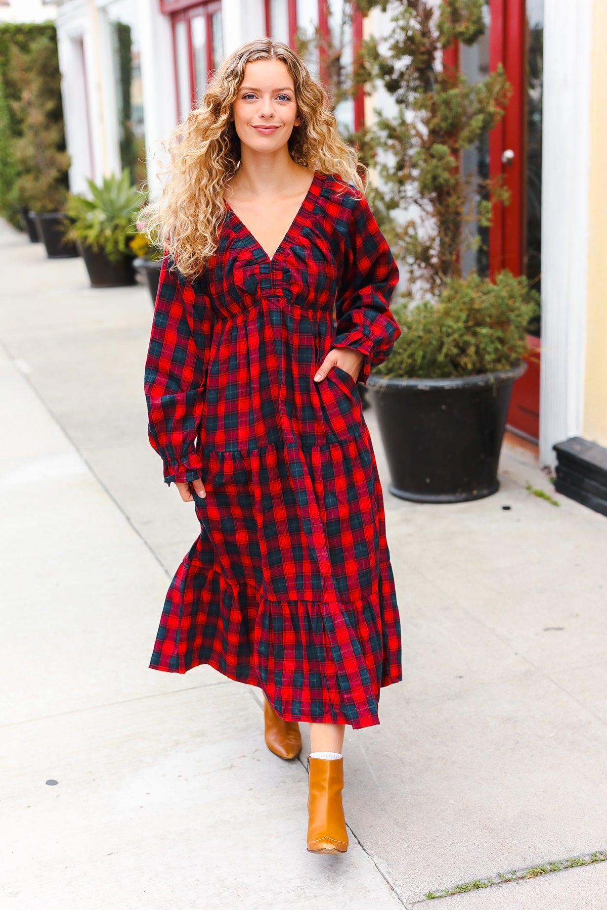 Haptics Red Plaid Elastic V Neck Tiered Maxi Dress