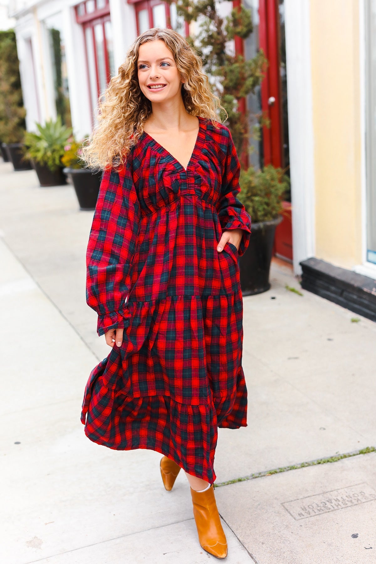 Haptics Red Plaid Elastic V Neck Tiered Maxi Dress