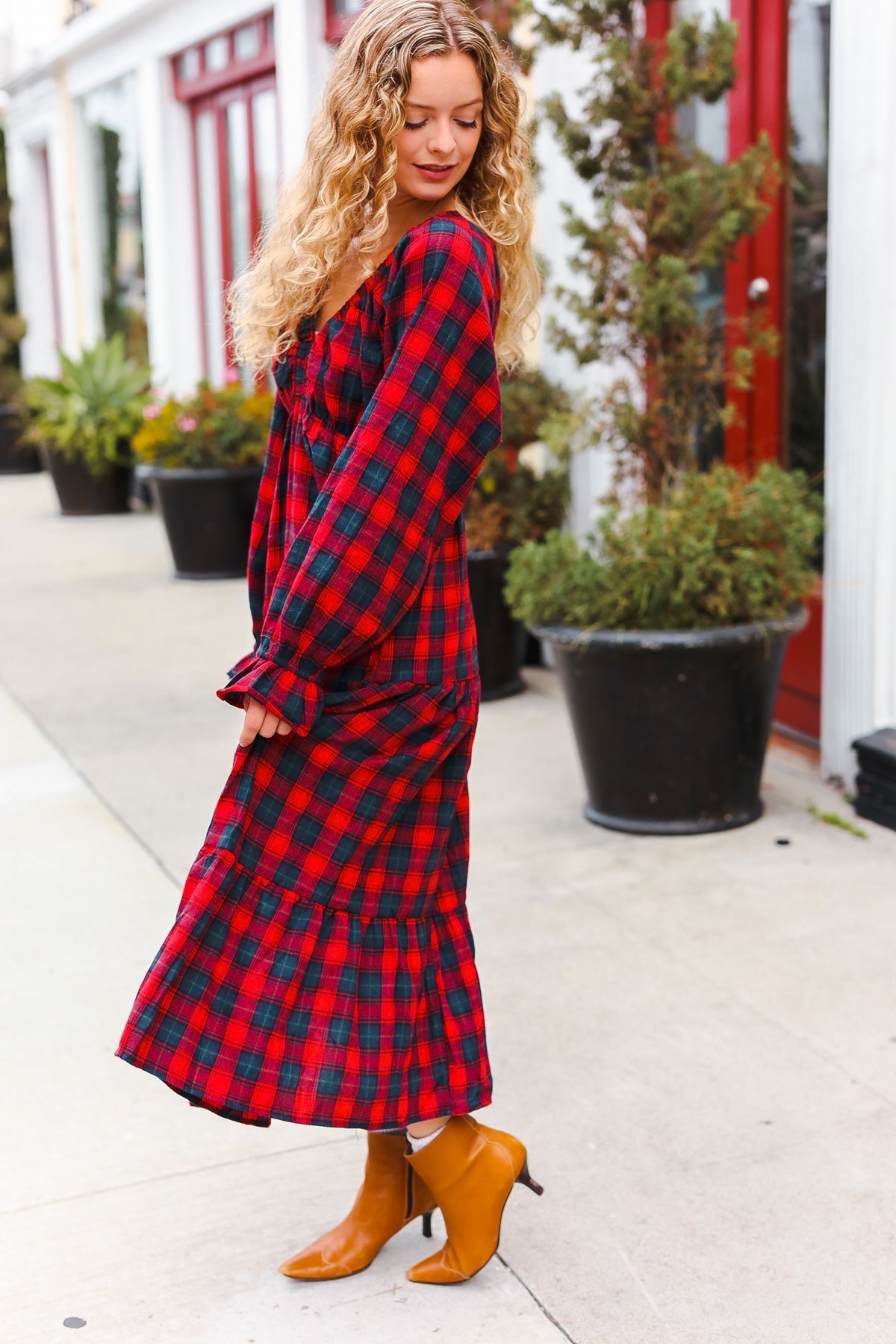 Haptics Red Plaid Elastic V Neck Tiered Maxi Dress