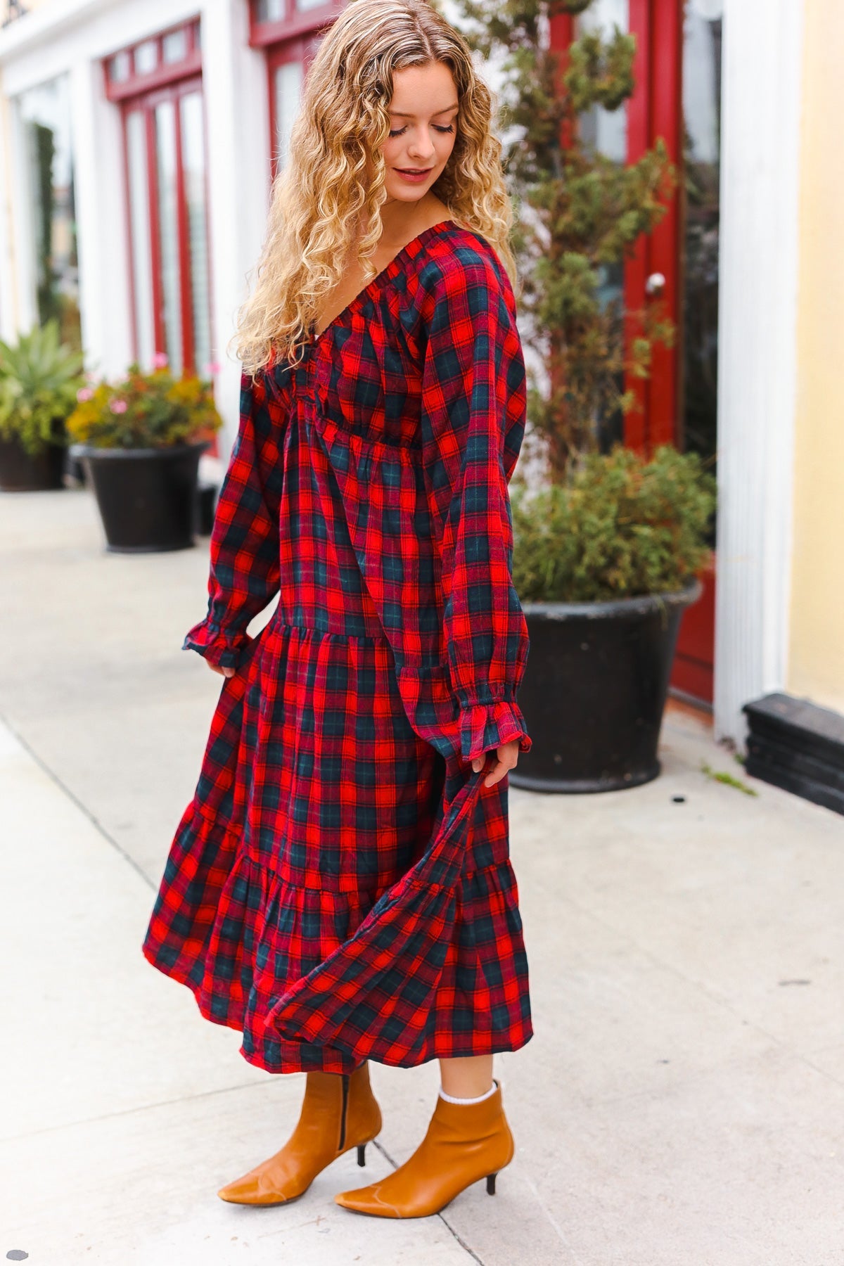 Haptics Red Plaid Elastic V Neck Tiered Maxi Dress