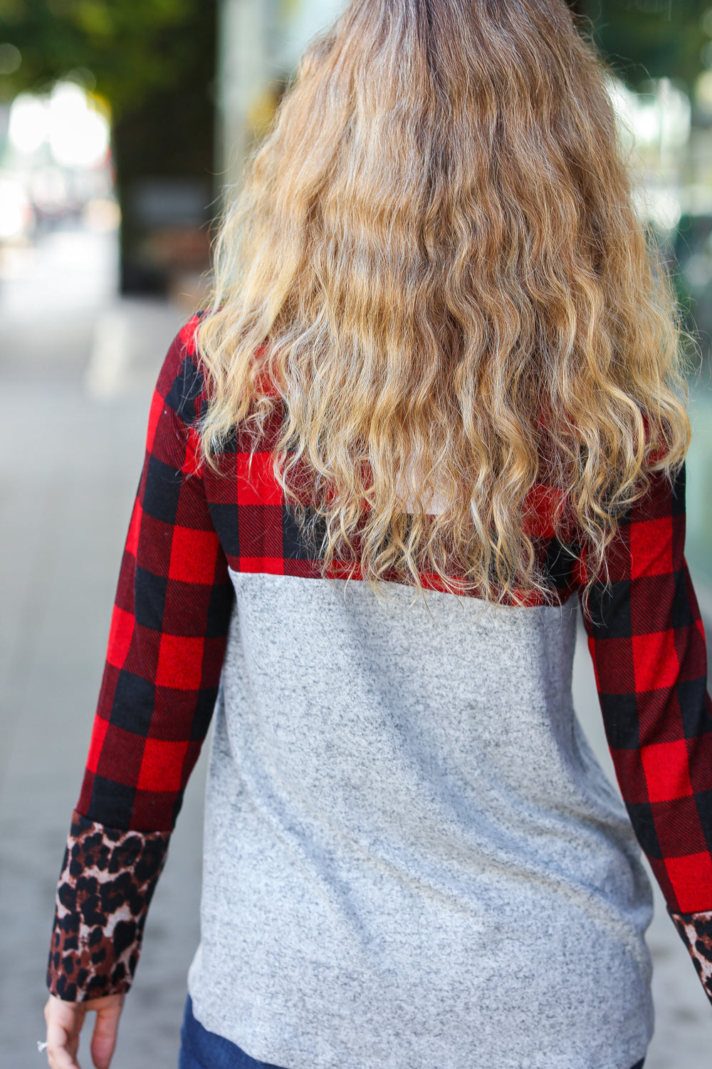 Haptics Grey & Red Plaid Animal Print Pocketed Top