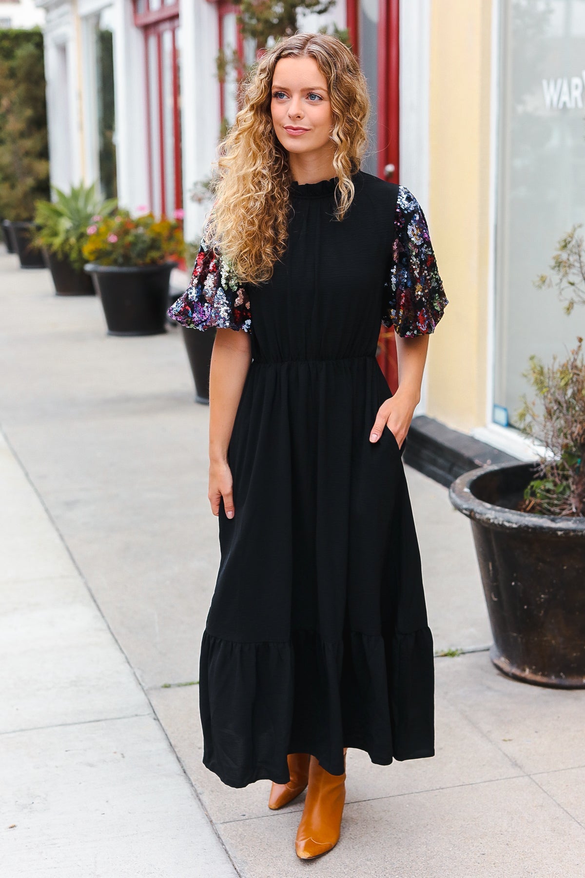 Haptics Sequin Puff Sleeve Mock Neck Tiered Maxi Dress