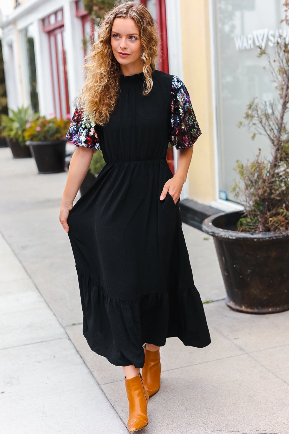 Haptics Sequin Puff Sleeve Mock Neck Tiered Maxi Dress