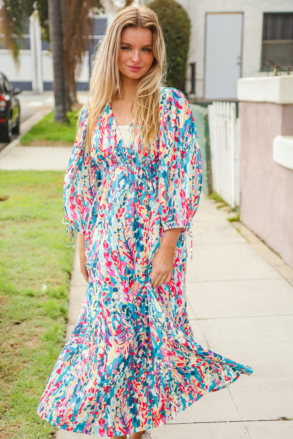 Vintage Floral Midi Dress with Side Pockets