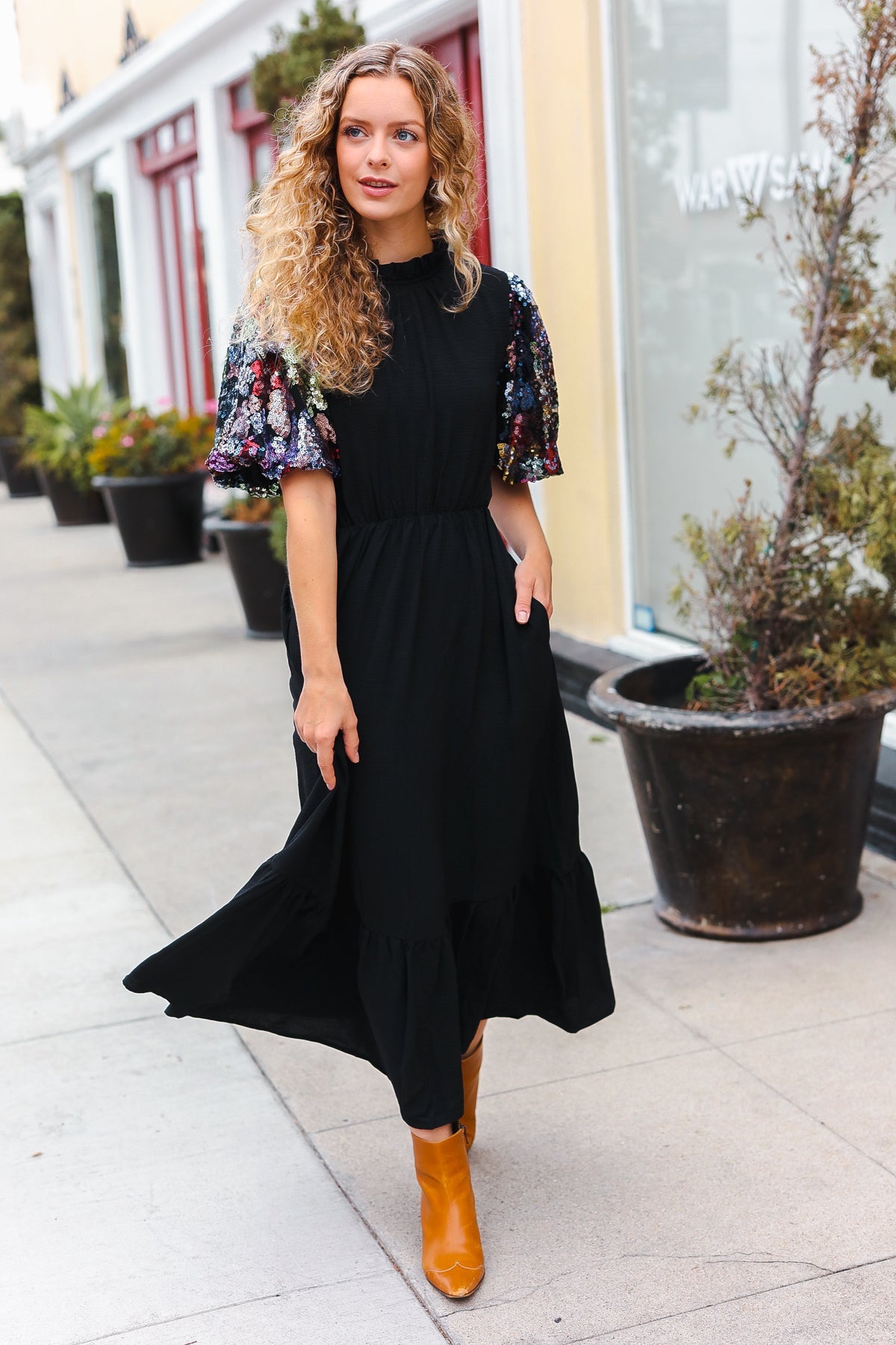 Haptics Sequin Puff Sleeve Mock Neck Tiered Maxi Dress