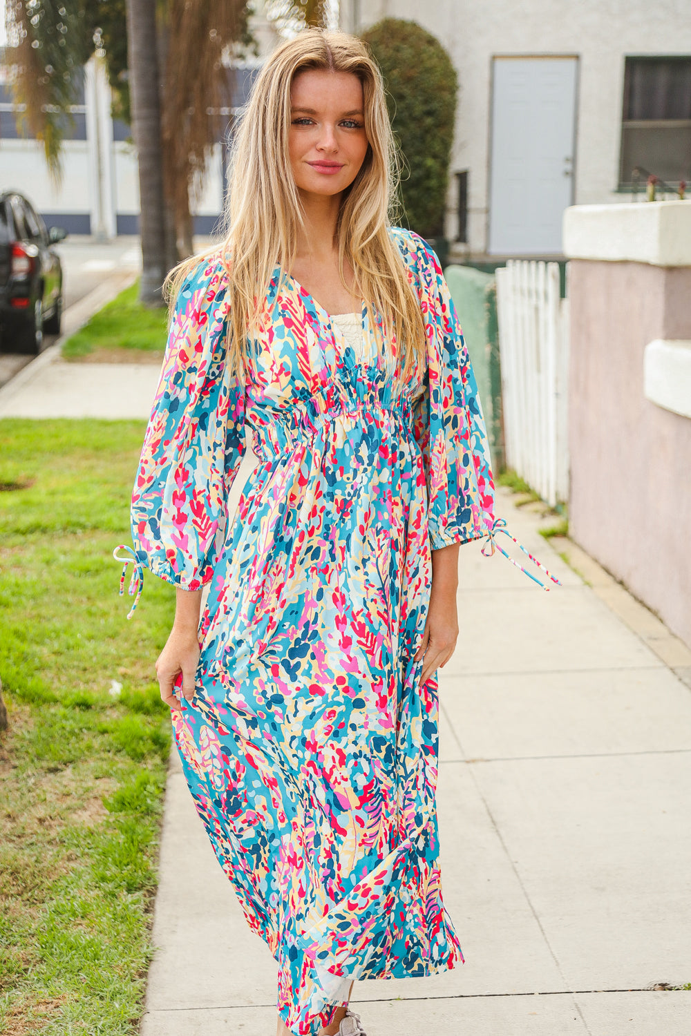 Vintage Floral Midi Dress with Side Pockets