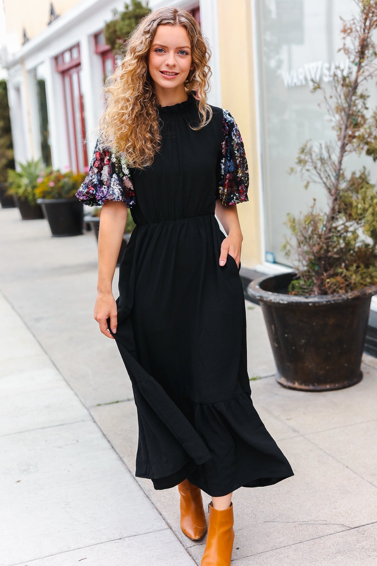 Haptics Sequin Puff Sleeve Mock Neck Tiered Maxi Dress