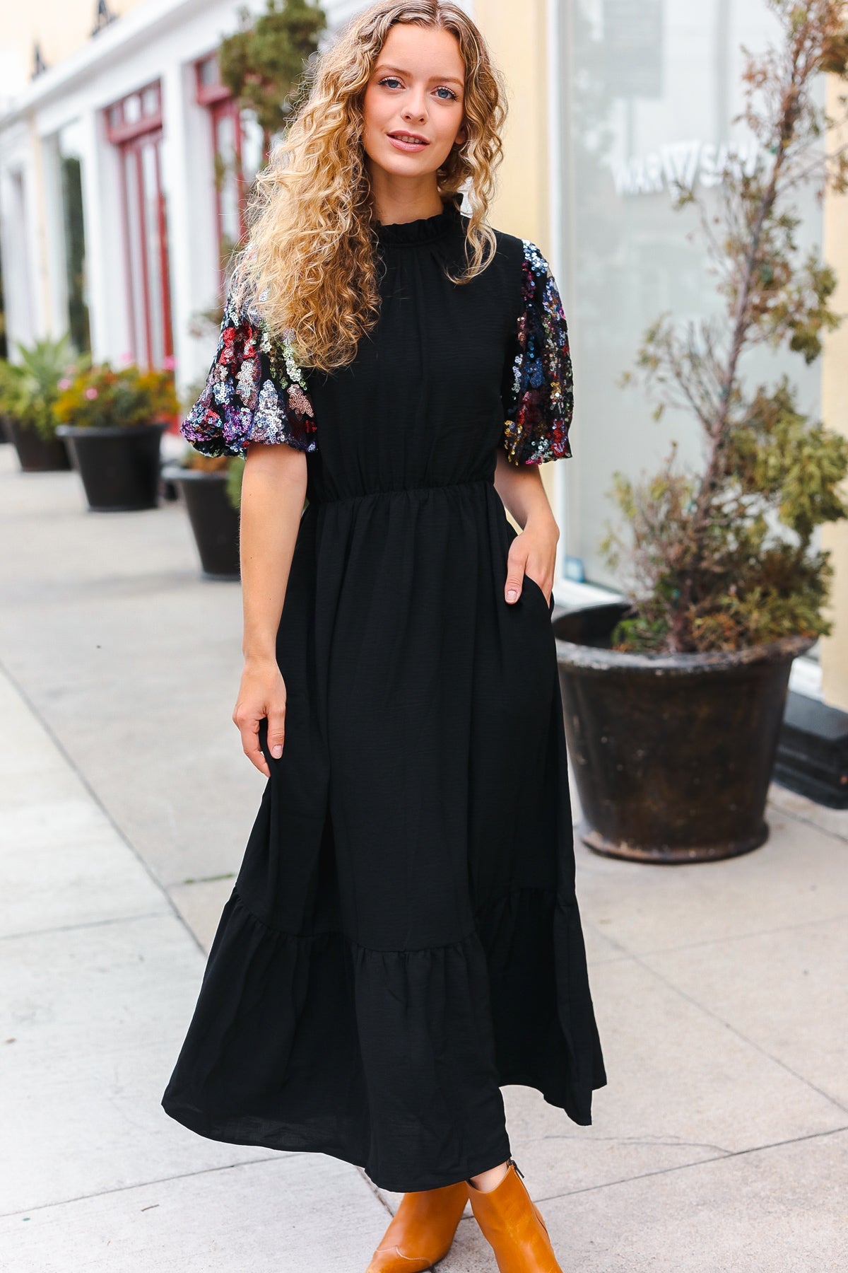 Haptics Sequin Puff Sleeve Mock Neck Tiered Maxi Dress