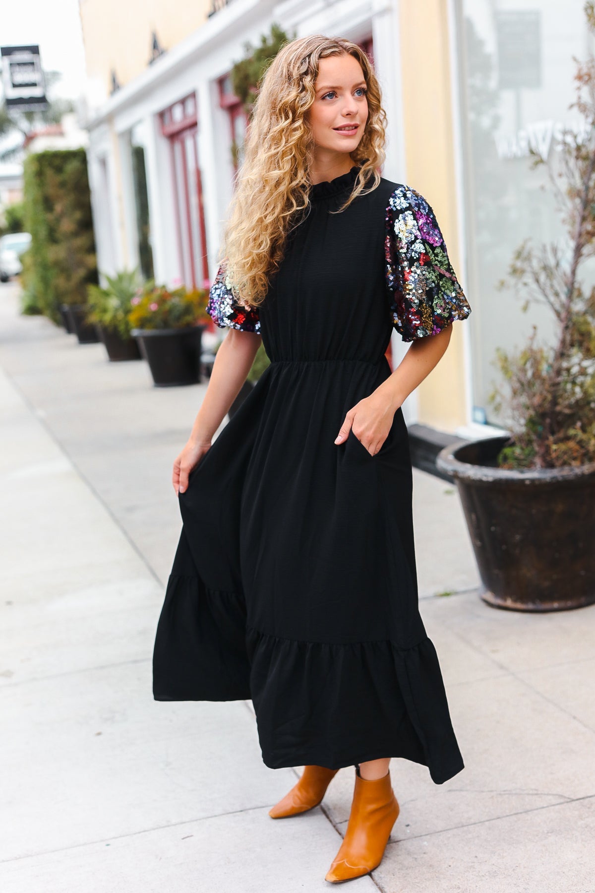 Haptics Sequin Puff Sleeve Mock Neck Tiered Maxi Dress