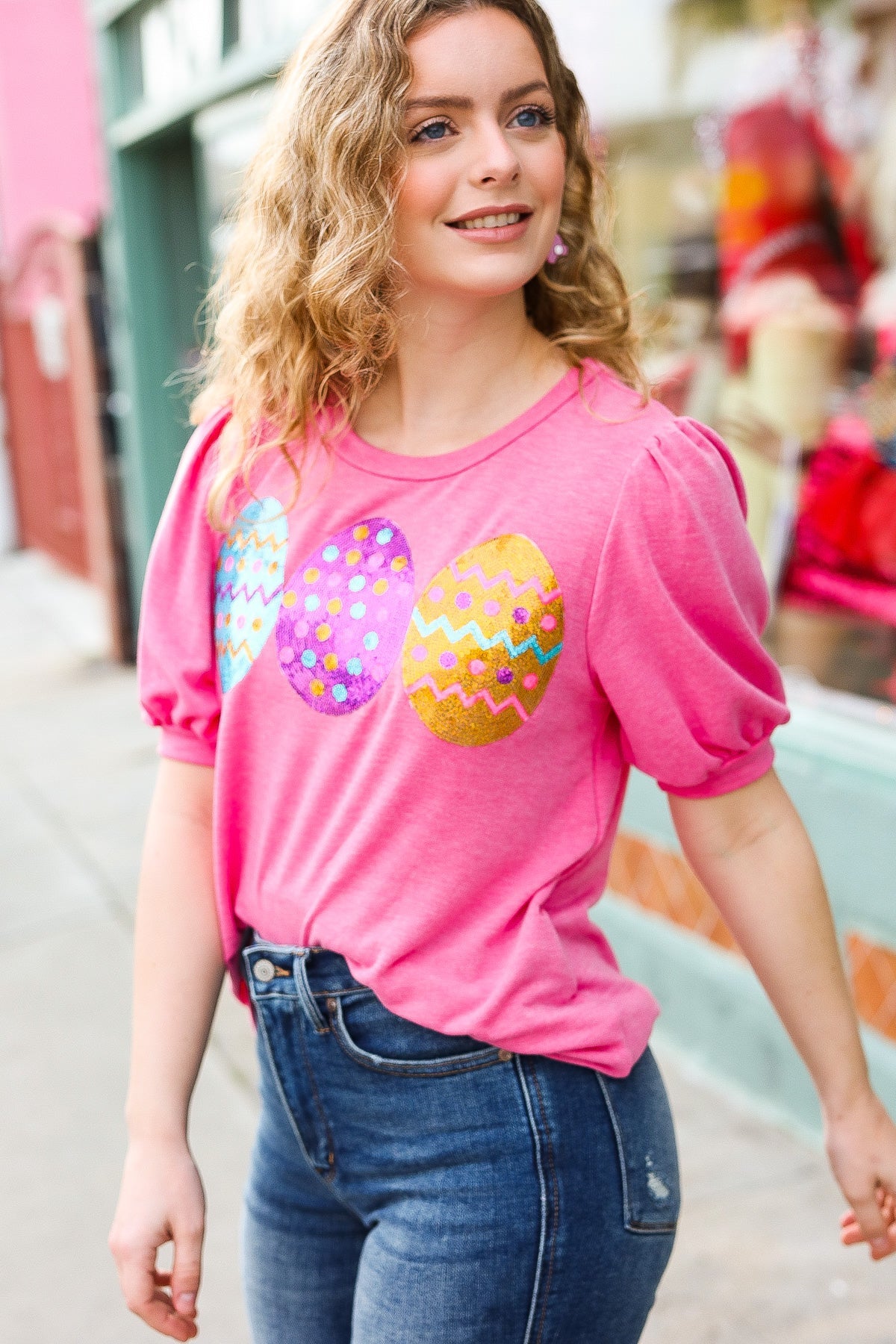 Haptics Hot Pink Sequin Easter Egg Terry Top