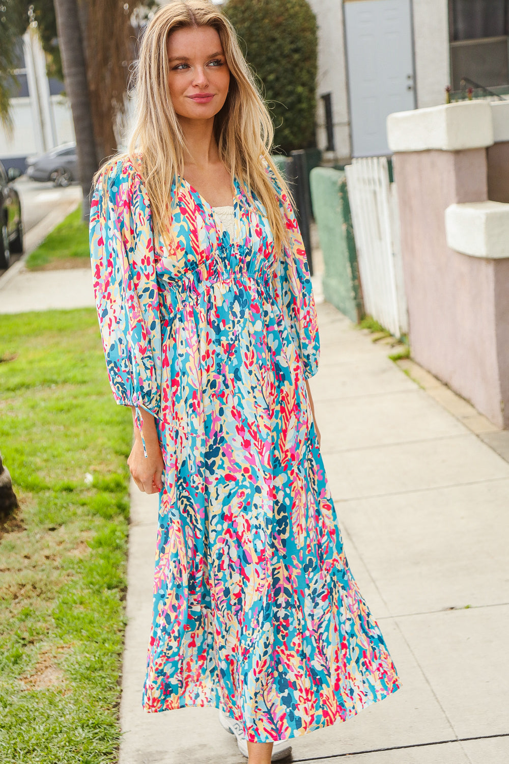 Vintage Floral Midi Dress with Side Pockets