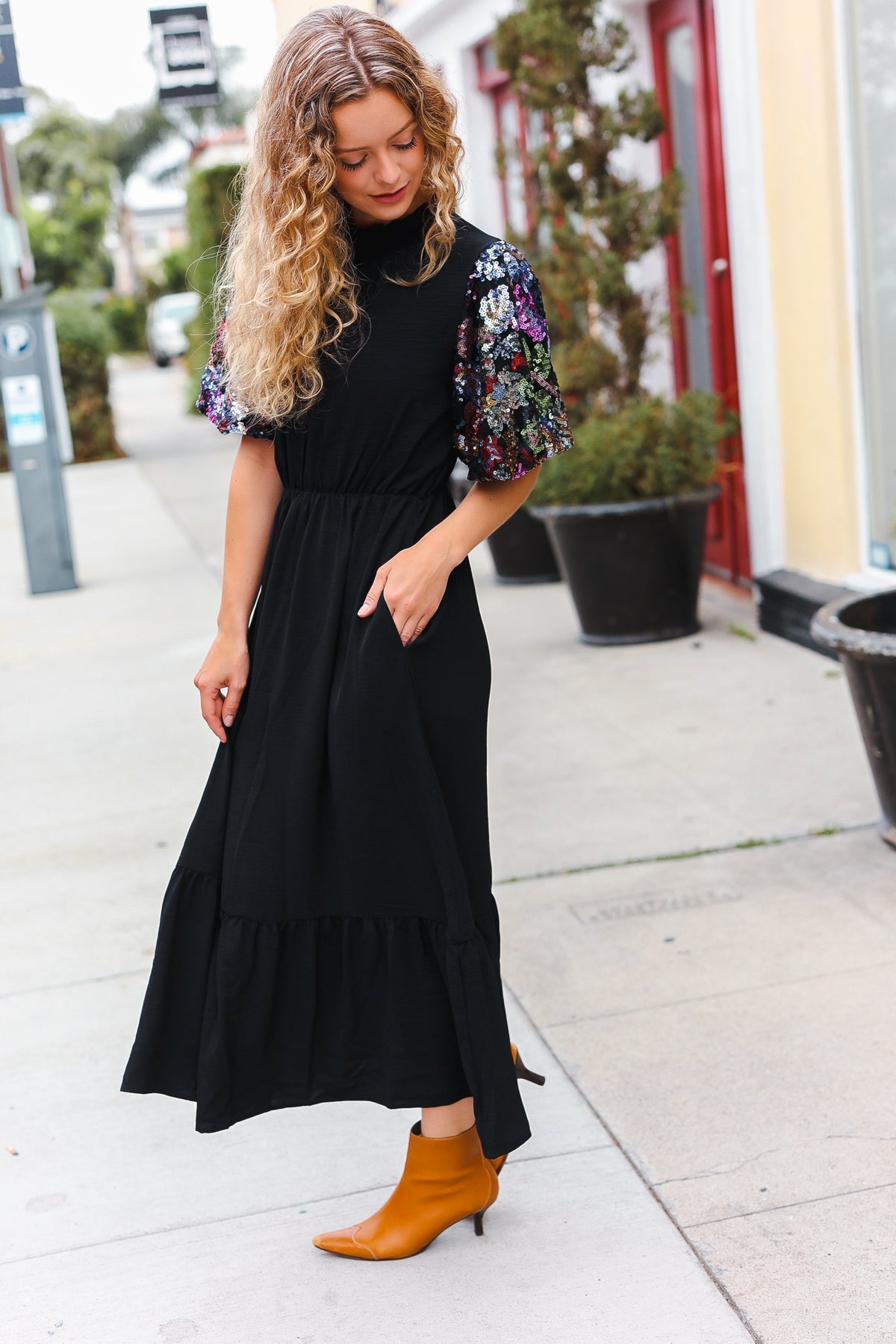 Haptics Sequin Puff Sleeve Mock Neck Tiered Maxi Dress