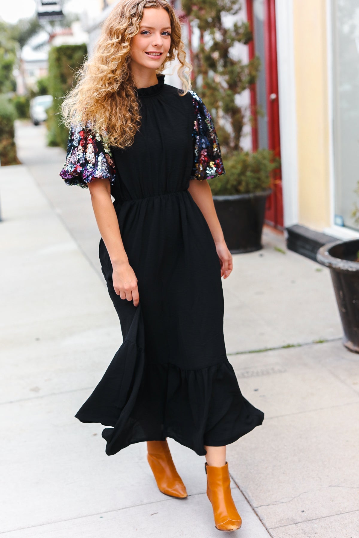 Haptics Sequin Puff Sleeve Mock Neck Tiered Maxi Dress