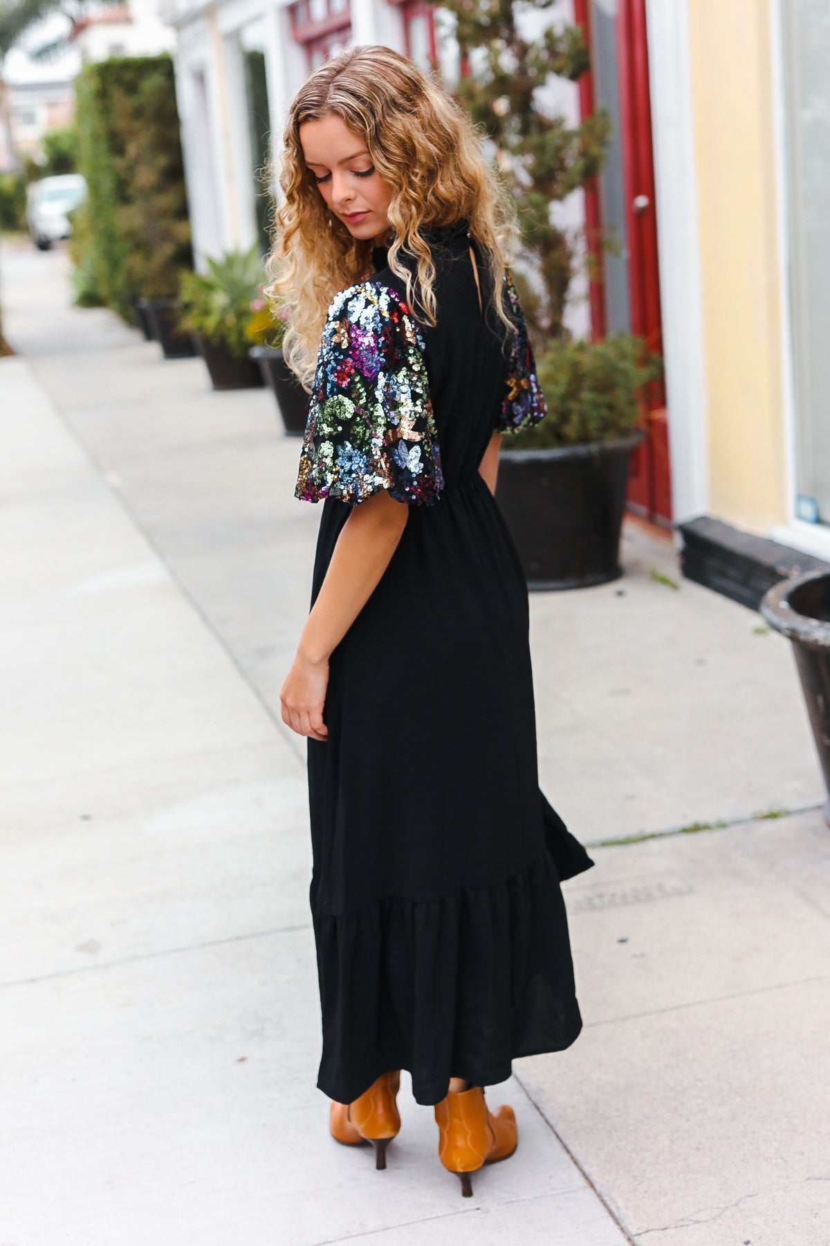 Haptics Sequin Puff Sleeve Mock Neck Tiered Maxi Dress