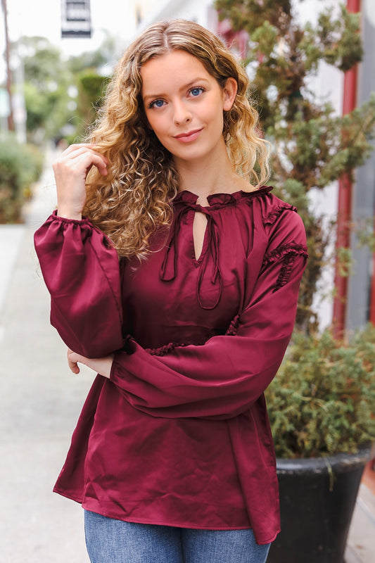 Haptics Burgundy Frill Detail Tie Neck Satin Top