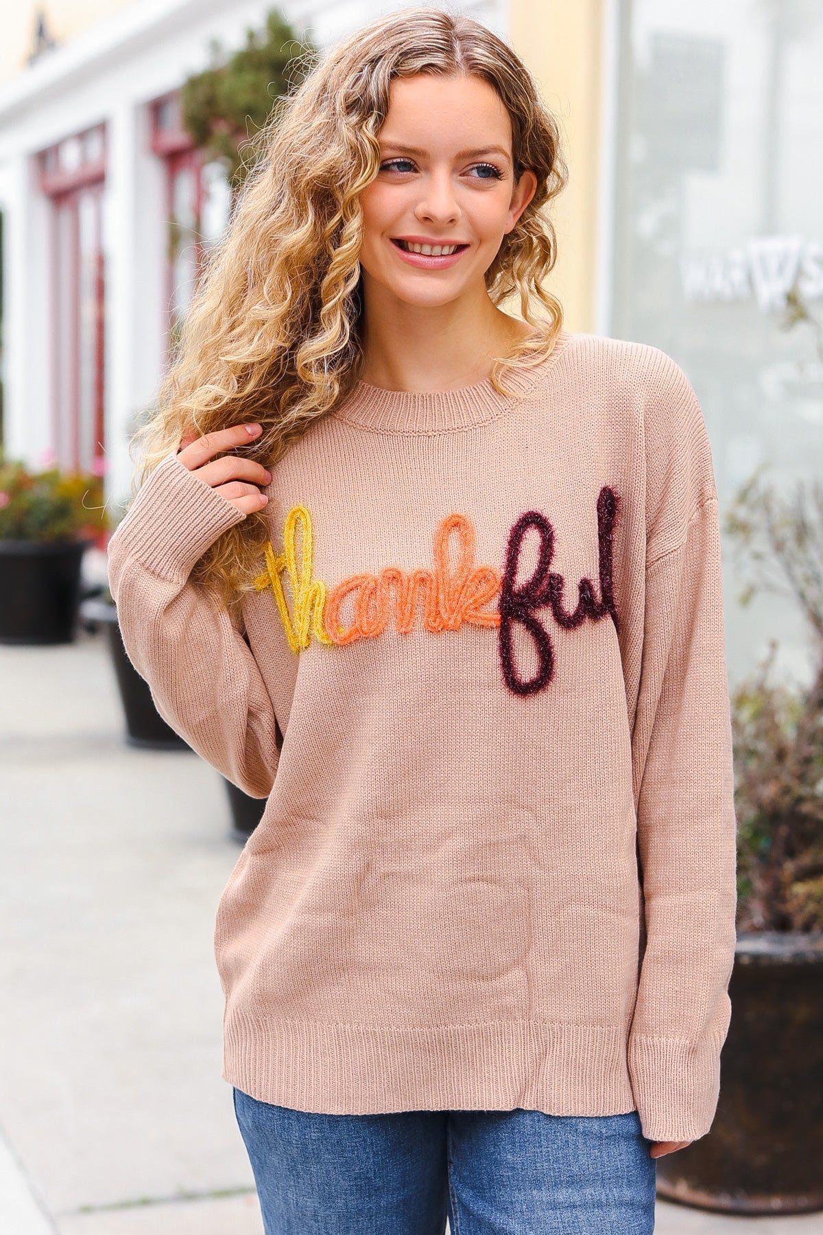 Haptics Taupe Pop Up Glittery Embroidery Sweater