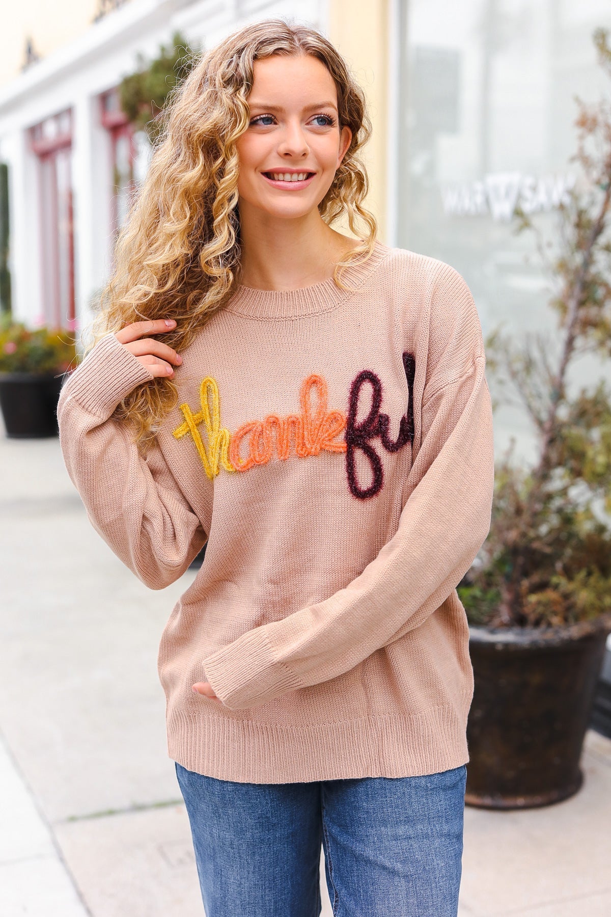 Haptics Taupe Pop Up Glittery Embroidery Sweater