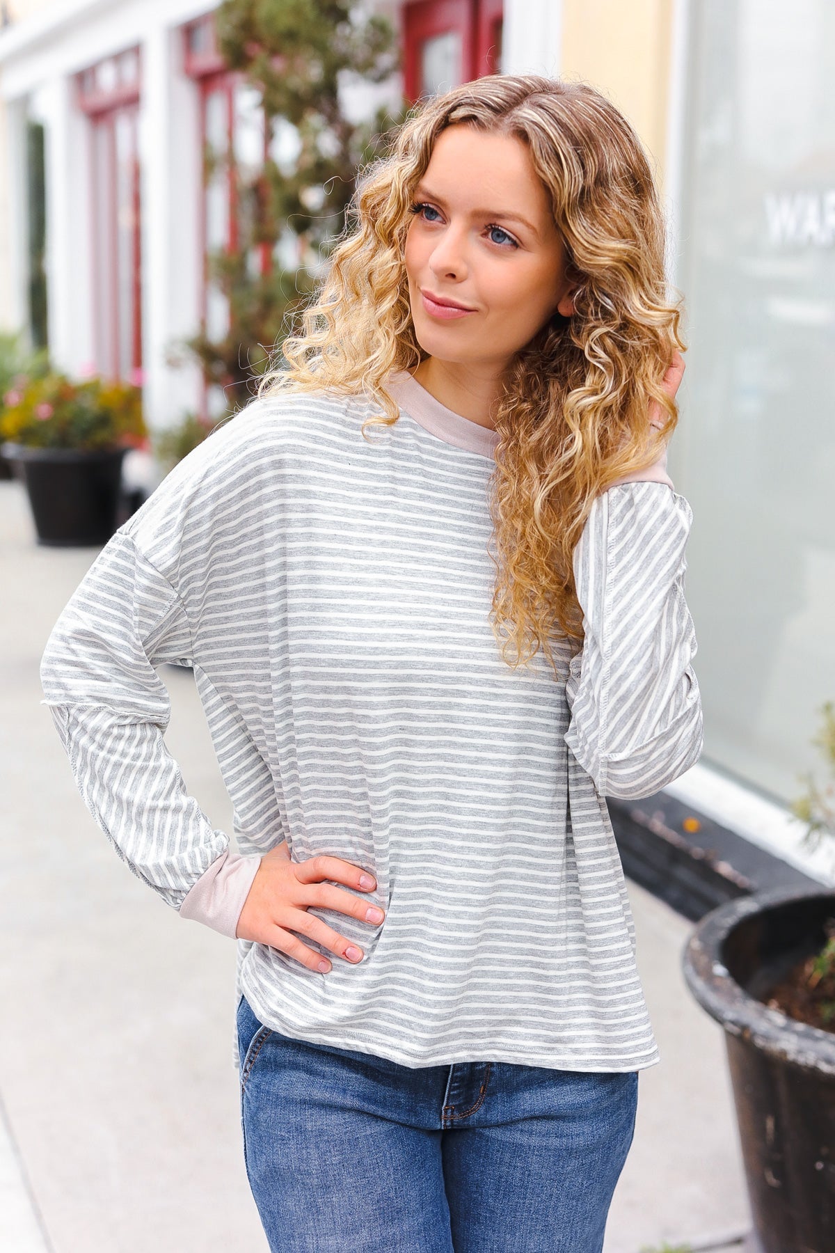 Haptics Grey & Ivory Striped Oversized Top