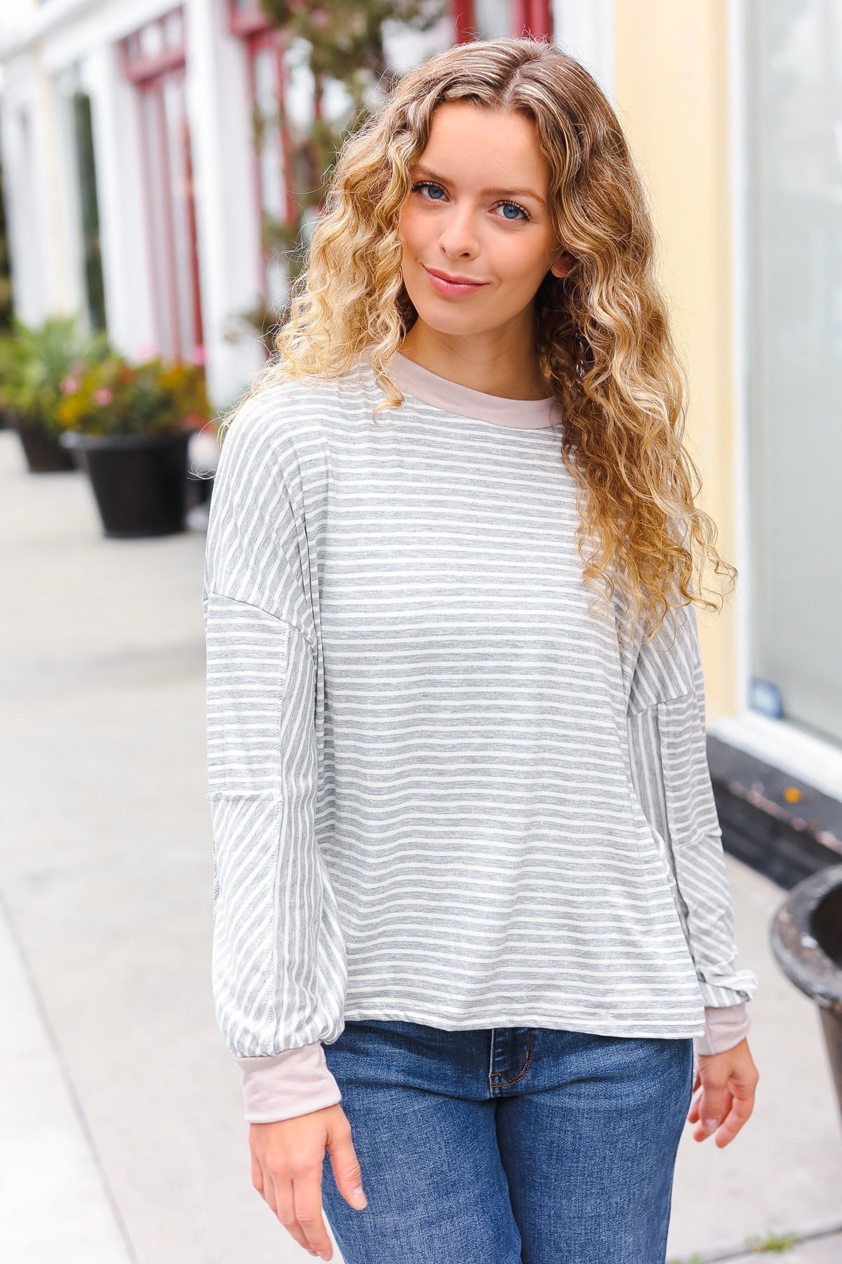 Haptics Grey & Ivory Striped Oversized Top