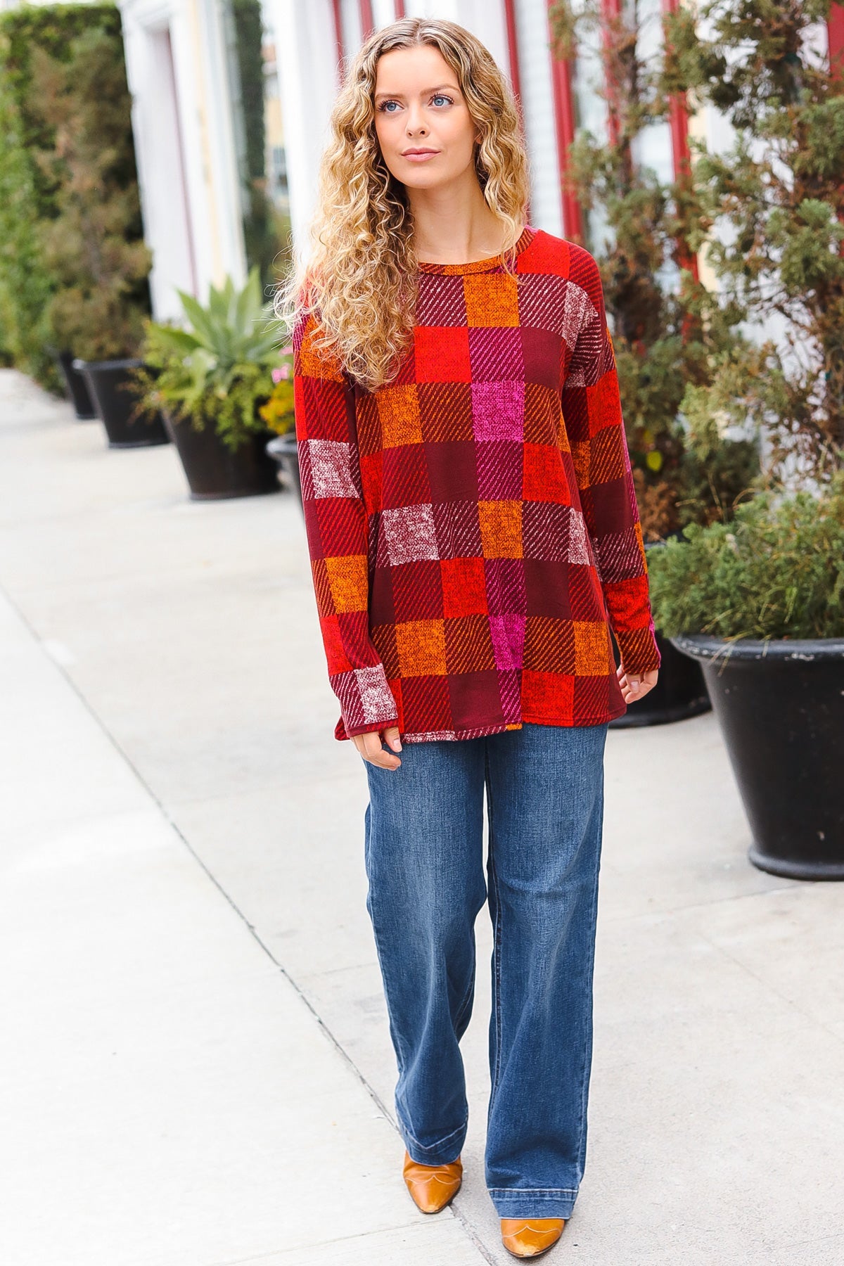 Haptics Burgundy Checker Plaid Print Hacci Knit Top